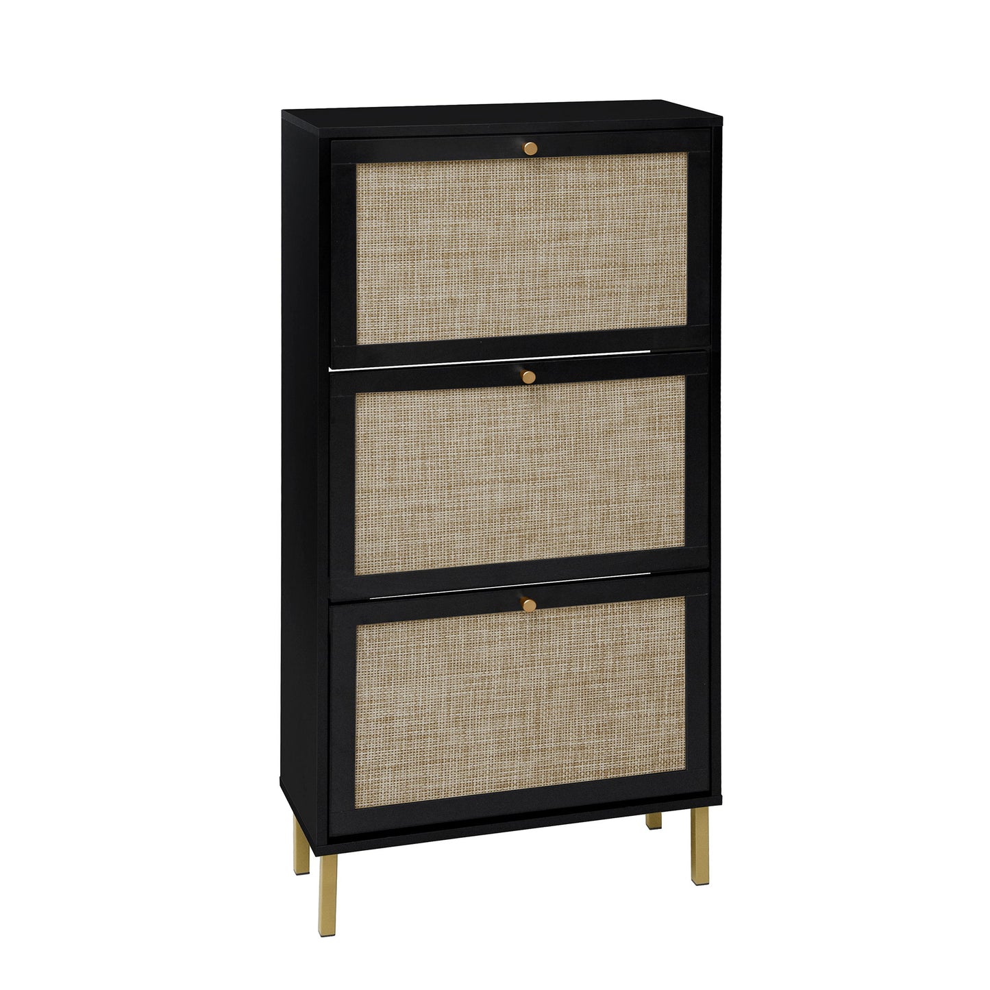 Modern Rattan 3 Door Shoe Rack Cabinet For Entryway Freestanding Black Storage Unit In Particle Board - Black