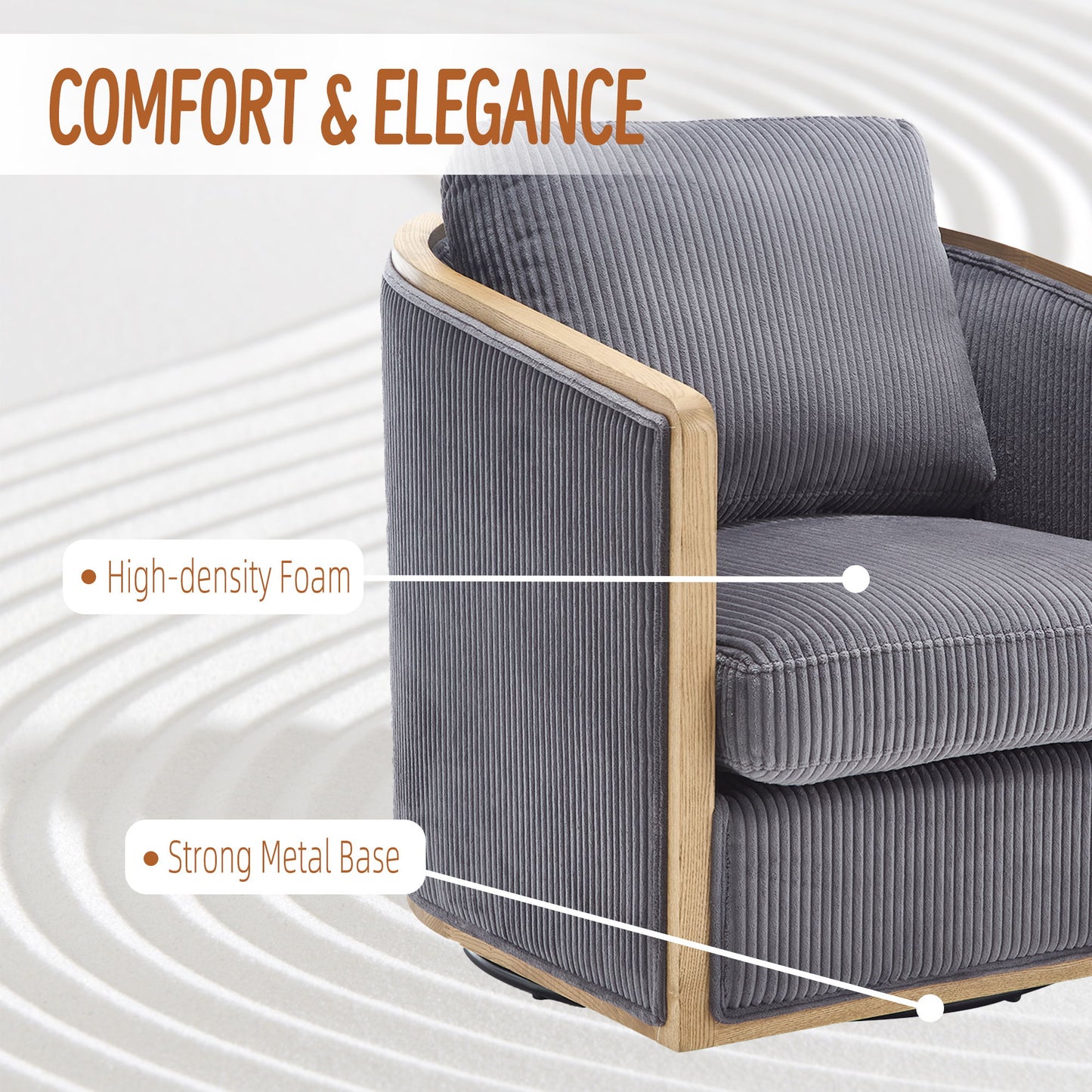 Corduroy Swivel Barrel Chair, Comfortable Accent Sofa, 360 Degree Swivel - Dark Gray
