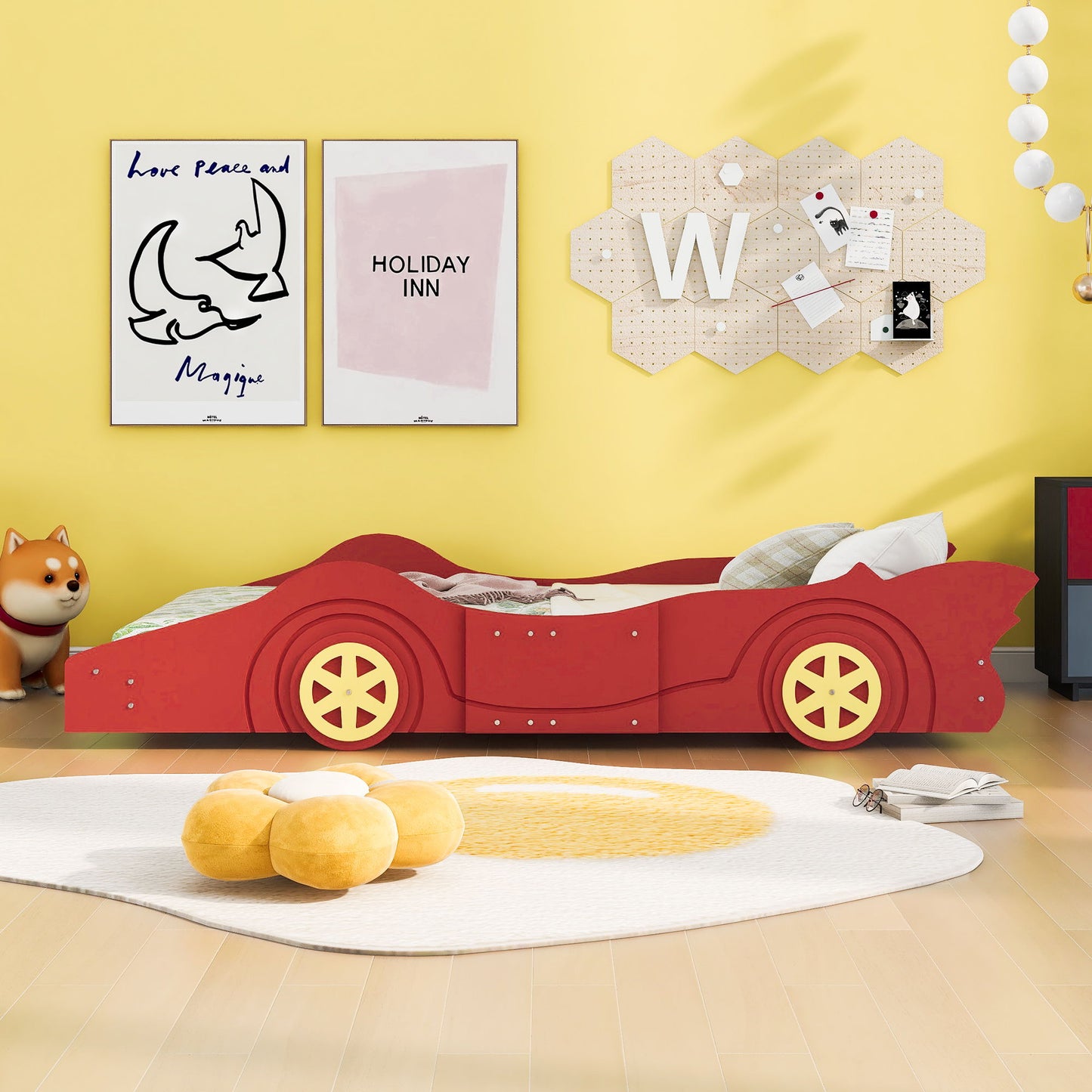 Twin Size Platform Bed Race Car Shaped With Wheels - Red