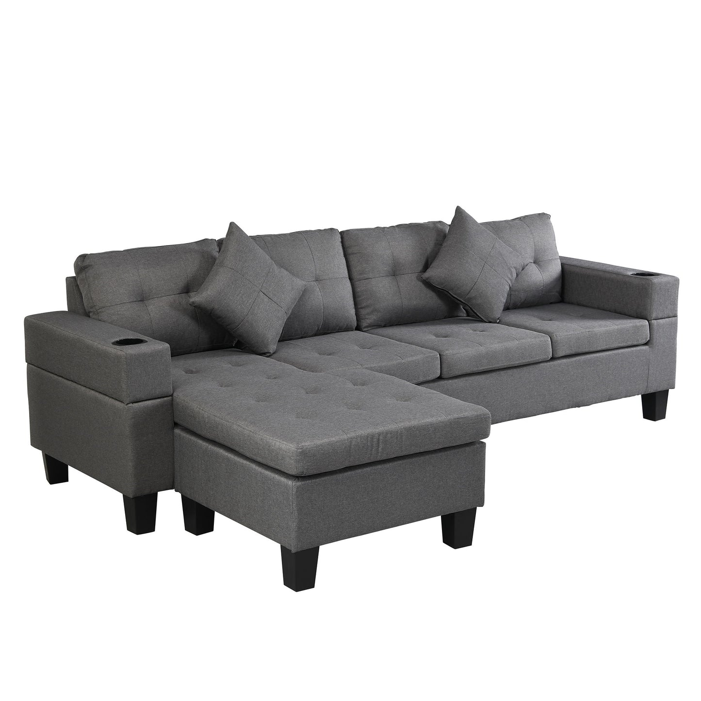 Sectional Sofa Set For Living Room With L Shape Chaise Lounge, Cup Holder And Left Or Right Hand Chaise Modern 4 Seat - Gray