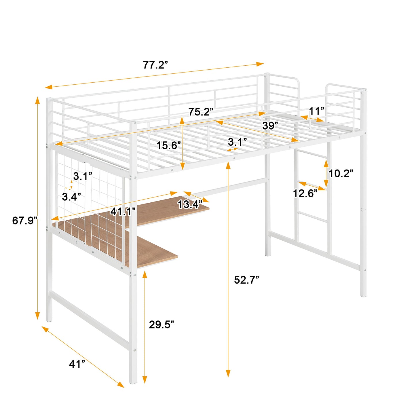 Twin Loft Bed With Desk And Grid - White