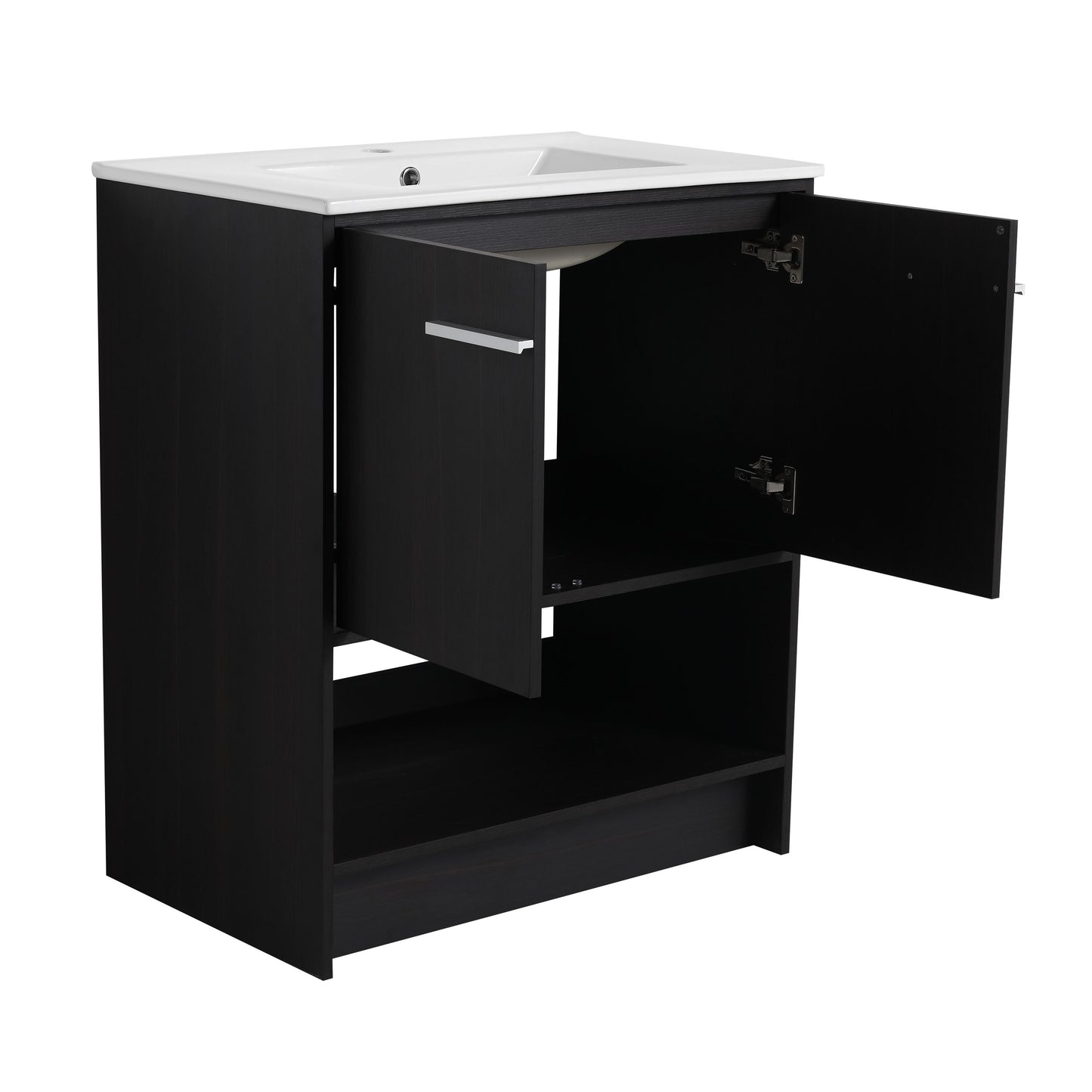 Modern Freestanding 30" Bathroom Vanity With Ceramic Sink, Soft Closing Doors Cabinet - Dark Oak