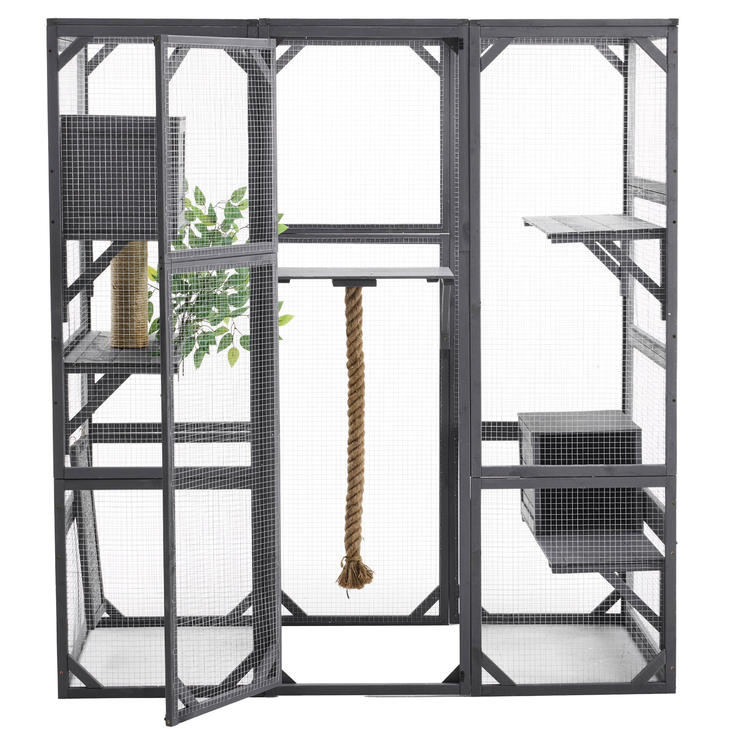 Outdoor Diy Cat House Catio With Double Enter Doors, Platforms, And Condos - Dark Gray