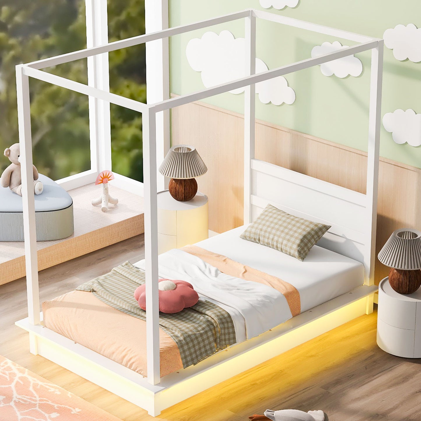 Twin Size LED Canopy Bed, Canopy Platform Bed With Support Slats, No Box Spring Needed - White