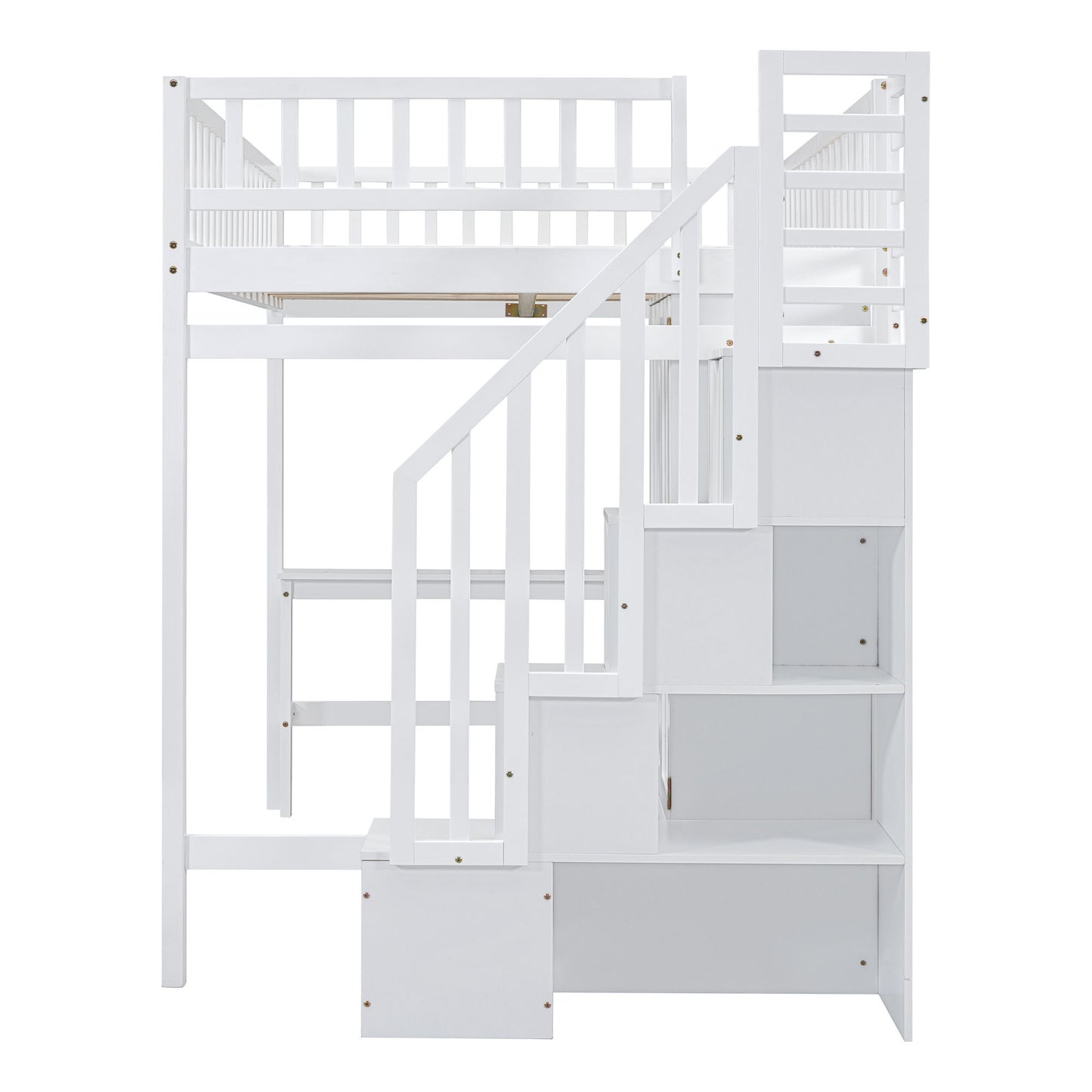 Full Size Loft Bed With Bookshelf, Drawers, Desk, And Wardrobe - White