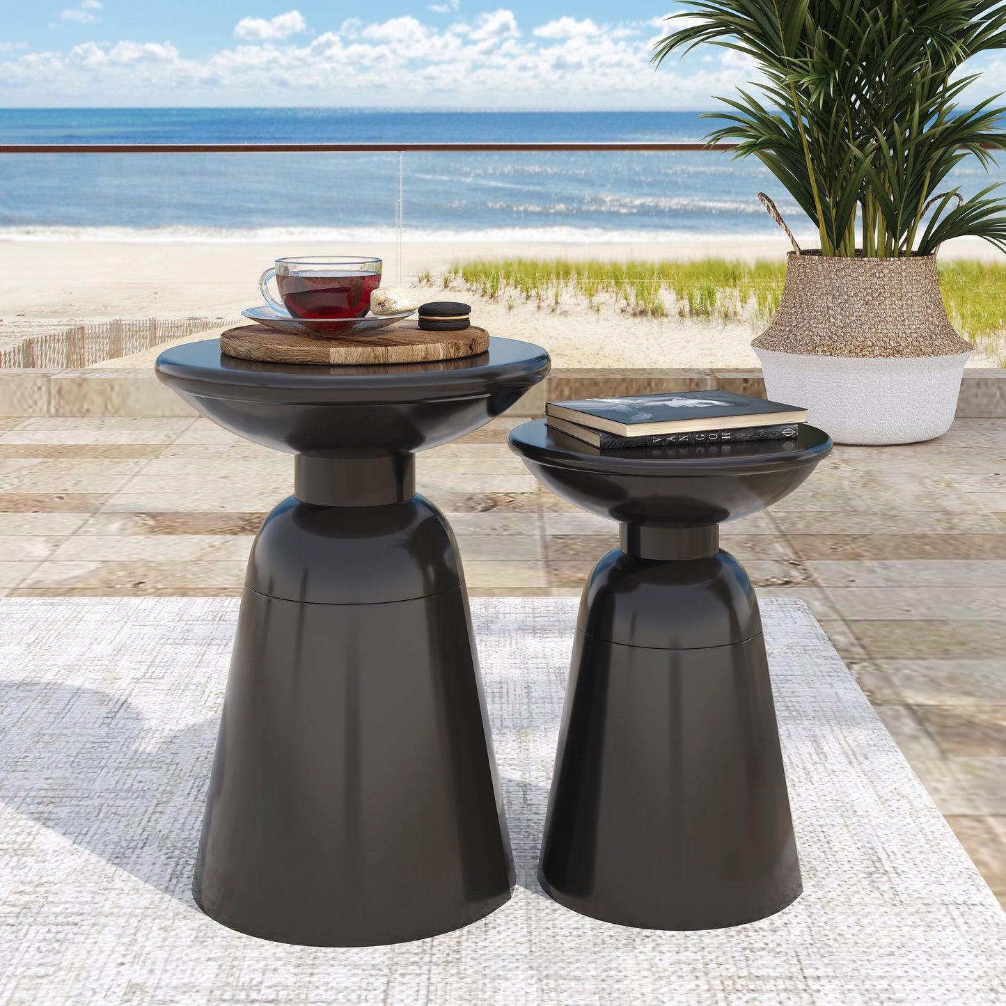 Serenita - Outdoor Iron Side Tables With Flared Design, (Set of 2) - Black
