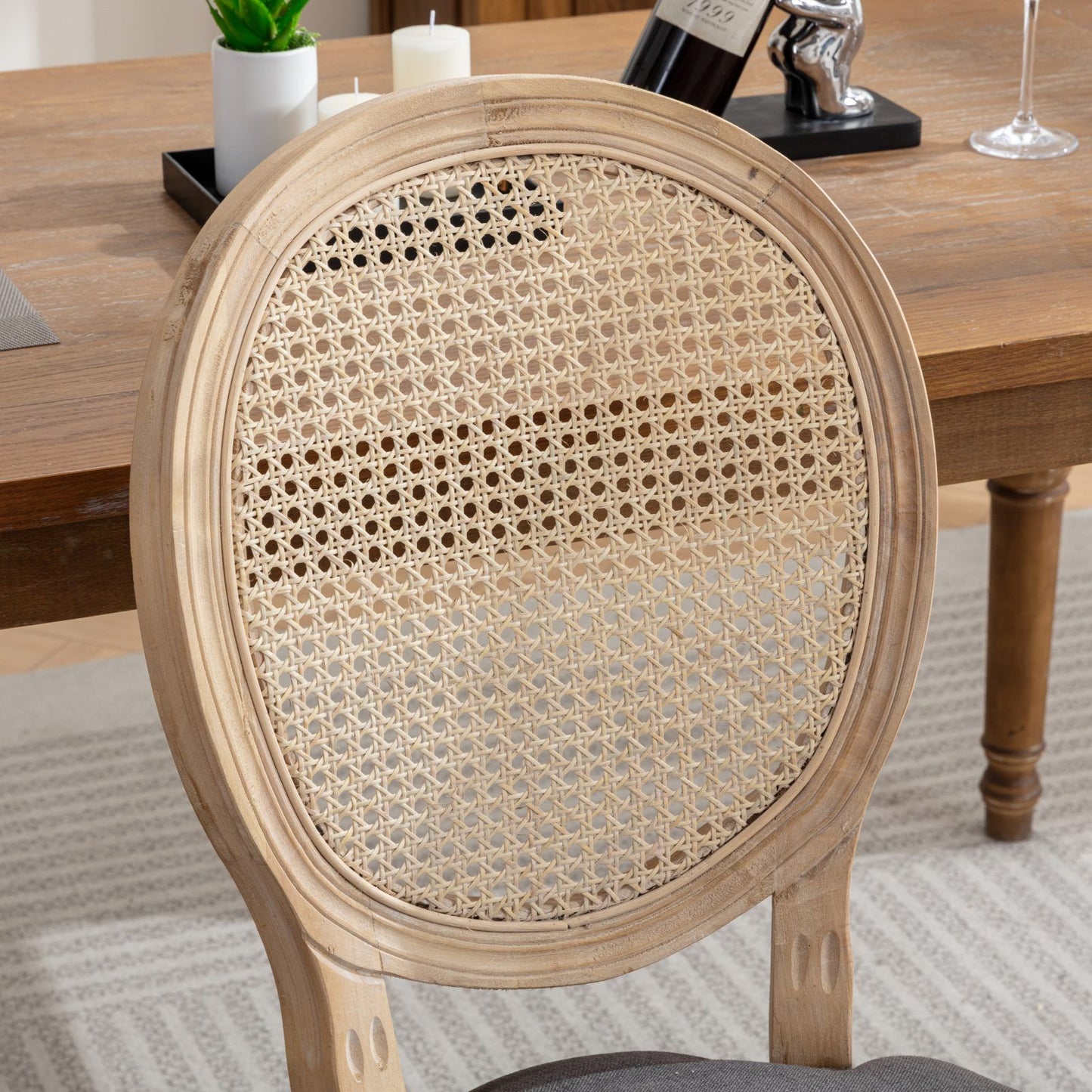 French Style Solid Wood Frame Antique Painting Linen Fabric Rattan Back Dining Chair (Set of 2) - Gray