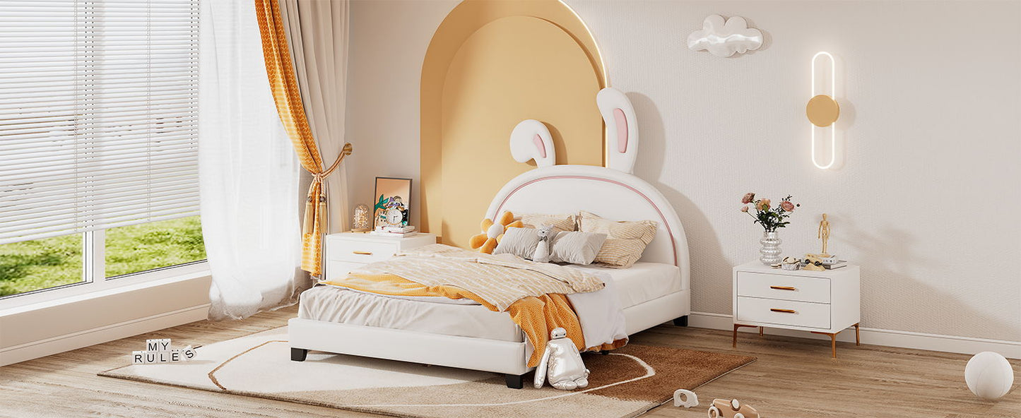 Full Size Upholstered Leather Platform Bed With Rabbit Ornament - White