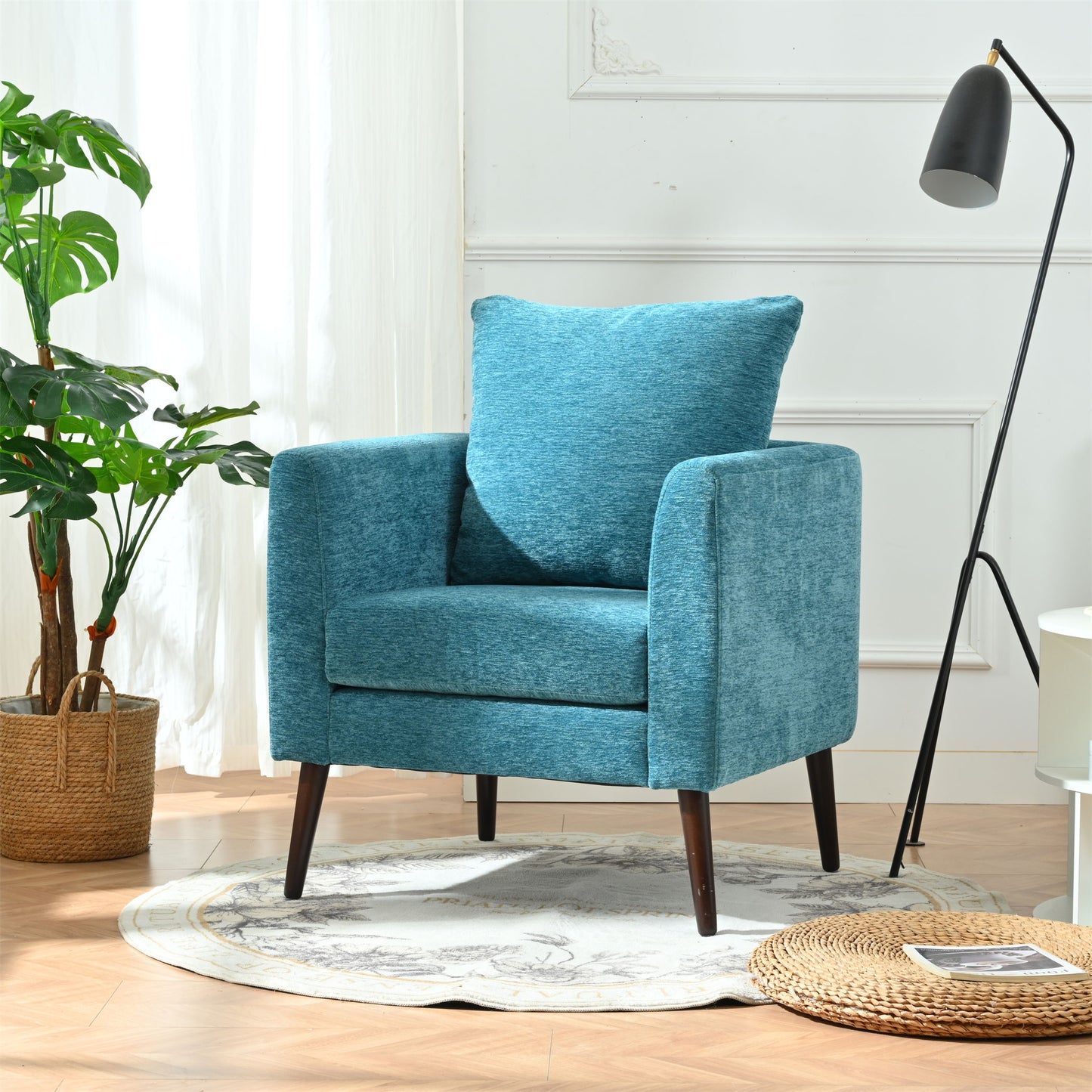 Accent Chair, Boucle Chair, Barrel Chair, Fabric Armchair Club Chair, Upholstered Arm Chair With Solid Wood Legs, Waist Pillow, Padded Single Chair For Living Room / Bedroom / Study / Waiting Room - Teal