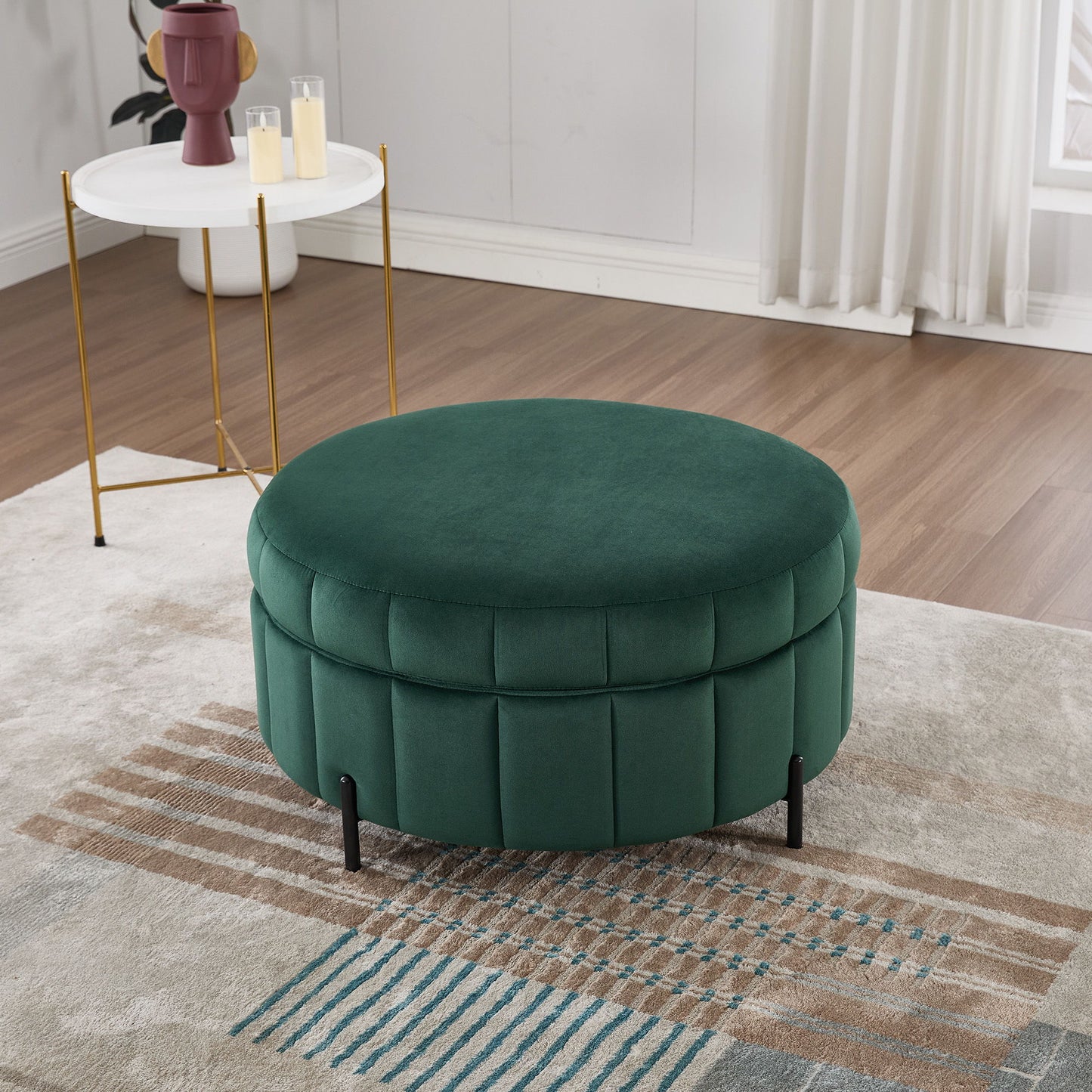 Upholstered Round Ottoman With Reversible Lid, Velvet Storage Stool, Channel Tufted Pumpkin Shape Footstool For Living Room, Bedroom And Office - Green