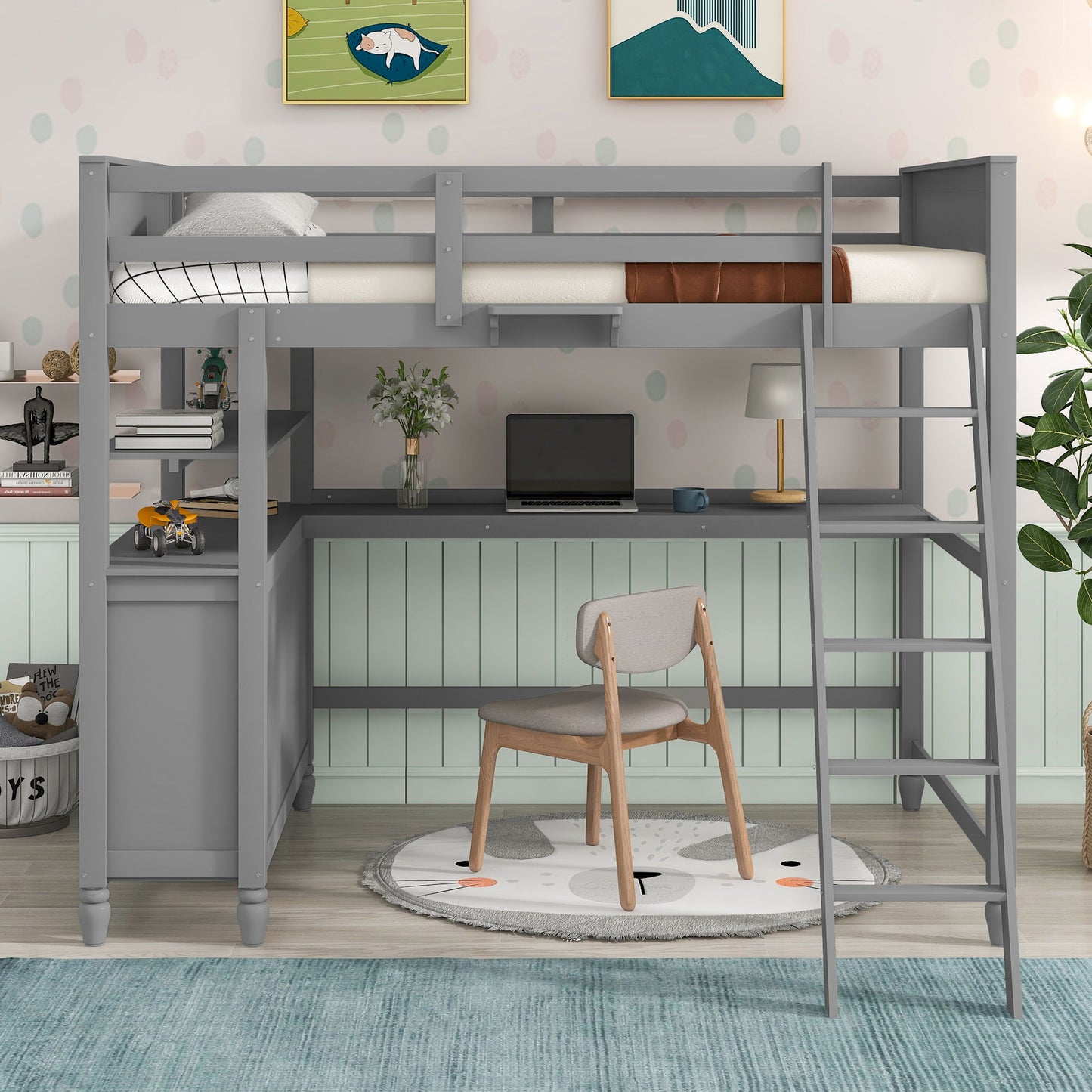 Full Size Loft Bed With Drawers And Desk With Shelves - Gray