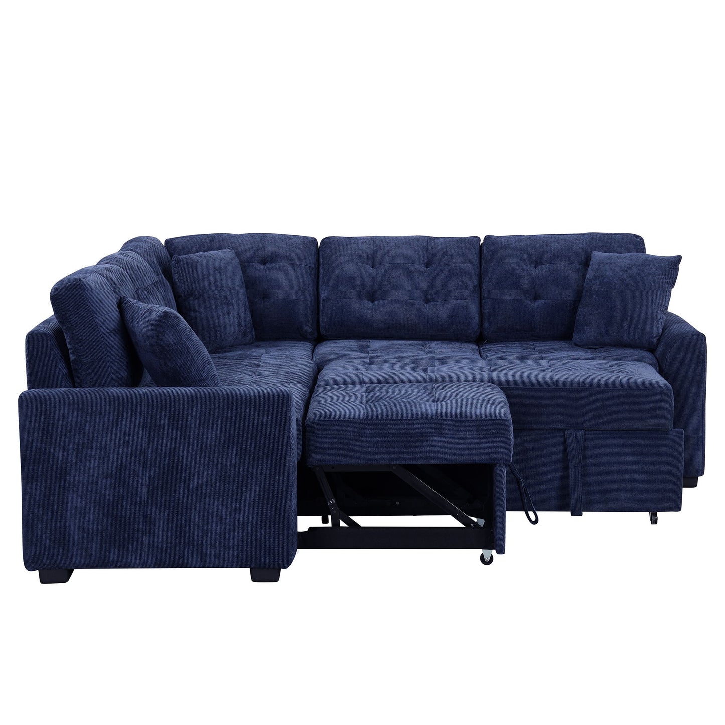 L-Shape Sofa Bed Pull-Out Sleeper Sofa With Wheels, USB Ports, Power Sockets For Living Room - Navy Blue