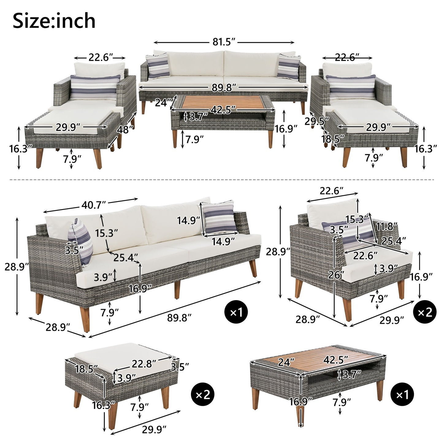 6 Pieces All Weather Sofa Set, Outdoor Rattan Sofa With Double Cushions, Wood Legs Wood Table Top - Beige / Gray