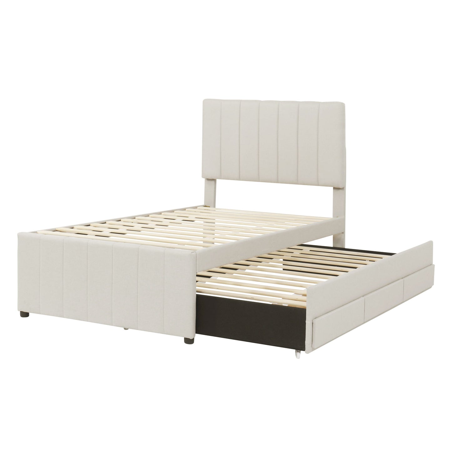 Twin Size Upholstered Platform Bed With Trundle And 3 Drawers - Beige