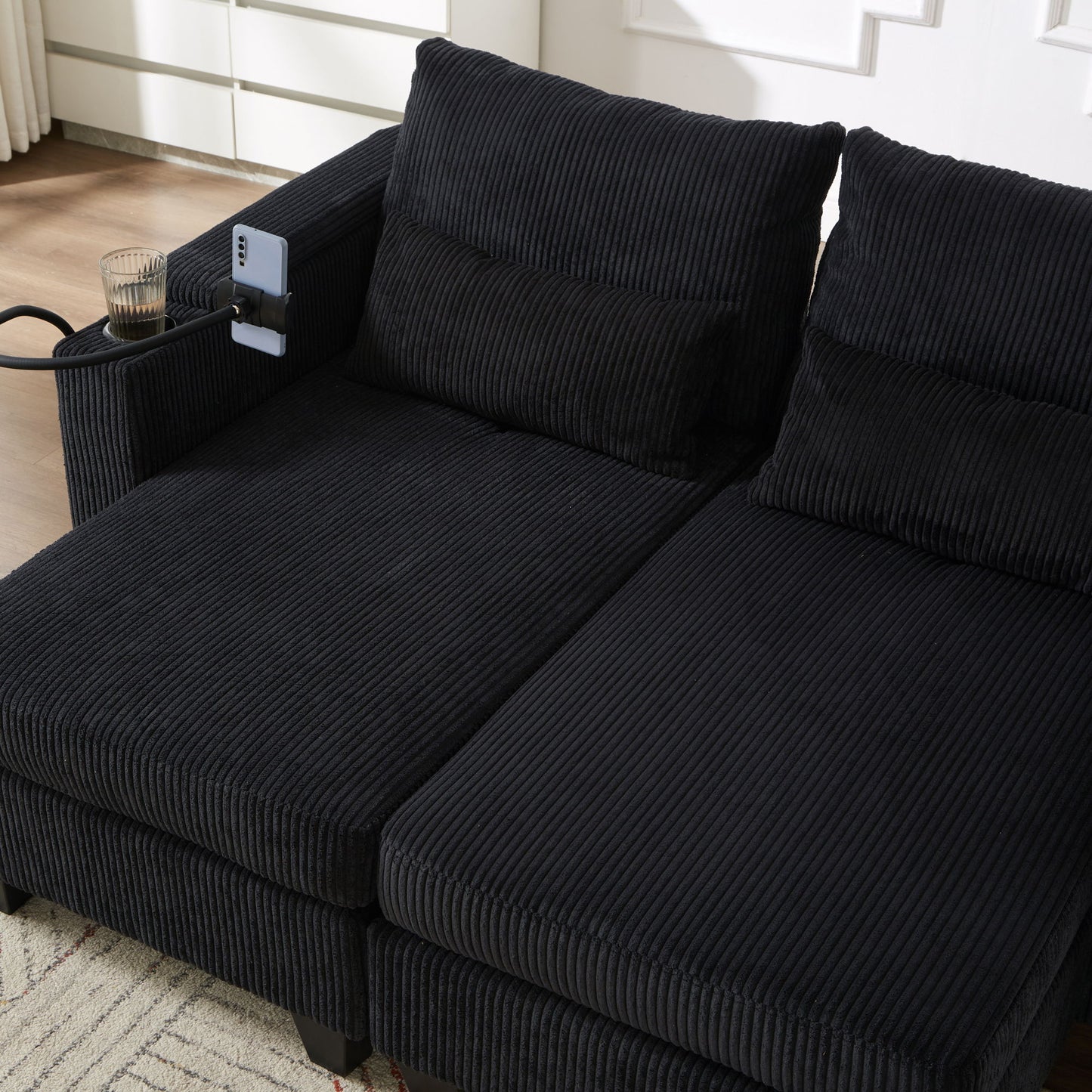 Convertible Chaise Lounge Loveseat Sofa Bed With USB Ports, Cup Holders, Phone Holder & Storage - Black