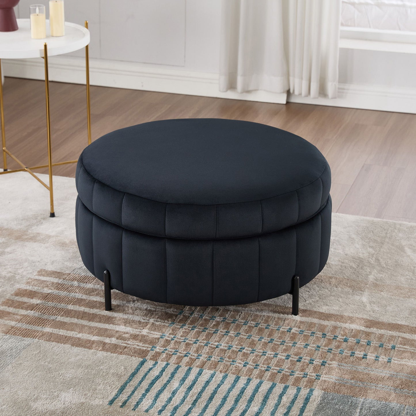 Upholstered Round Ottoman With Reversible Lid, Velvet Storage Stool, Channel Tufted Pumpkin Shape Footstool For Living Room, Bedroom And Office - Black