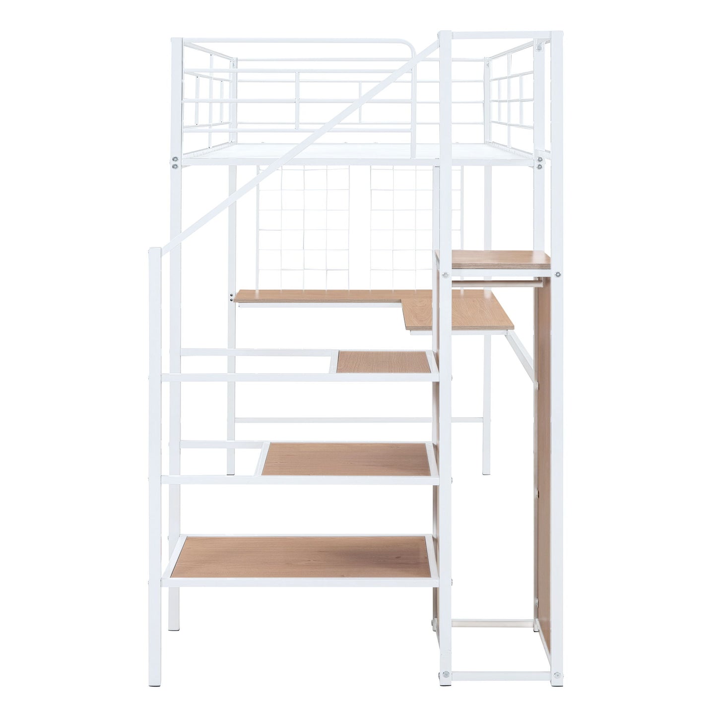 Twin Size Loft Bed With Desk And Grid, Stylish Frame With Lateral Storage Ladder And Wardrobe - White
