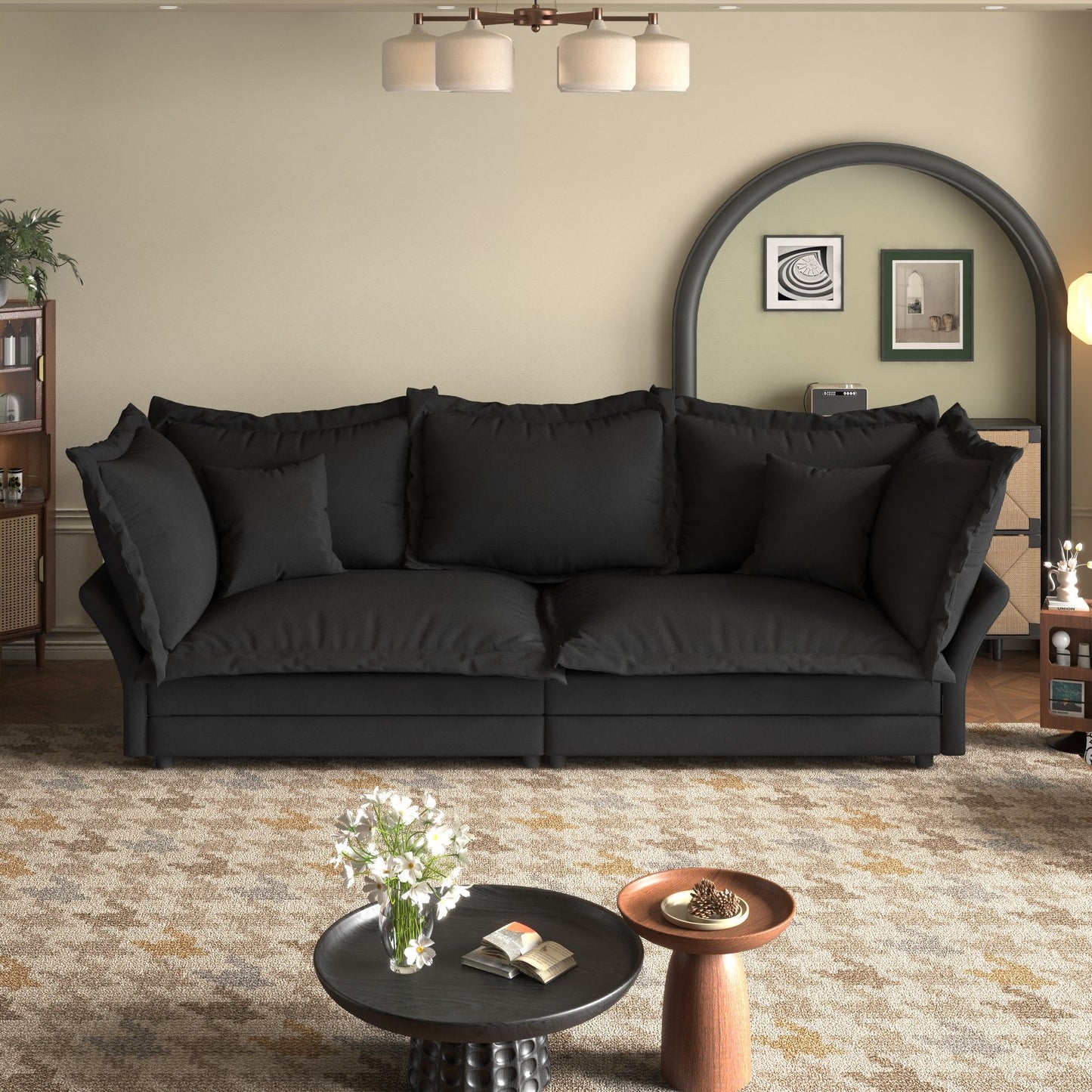 Modern Comfy Upholstered Sofa Cloud Couch, Deep Seat Couches With Multiple Large Soft Pillows, Convertible Deep Seat Chaise Longue For Living Room - Black