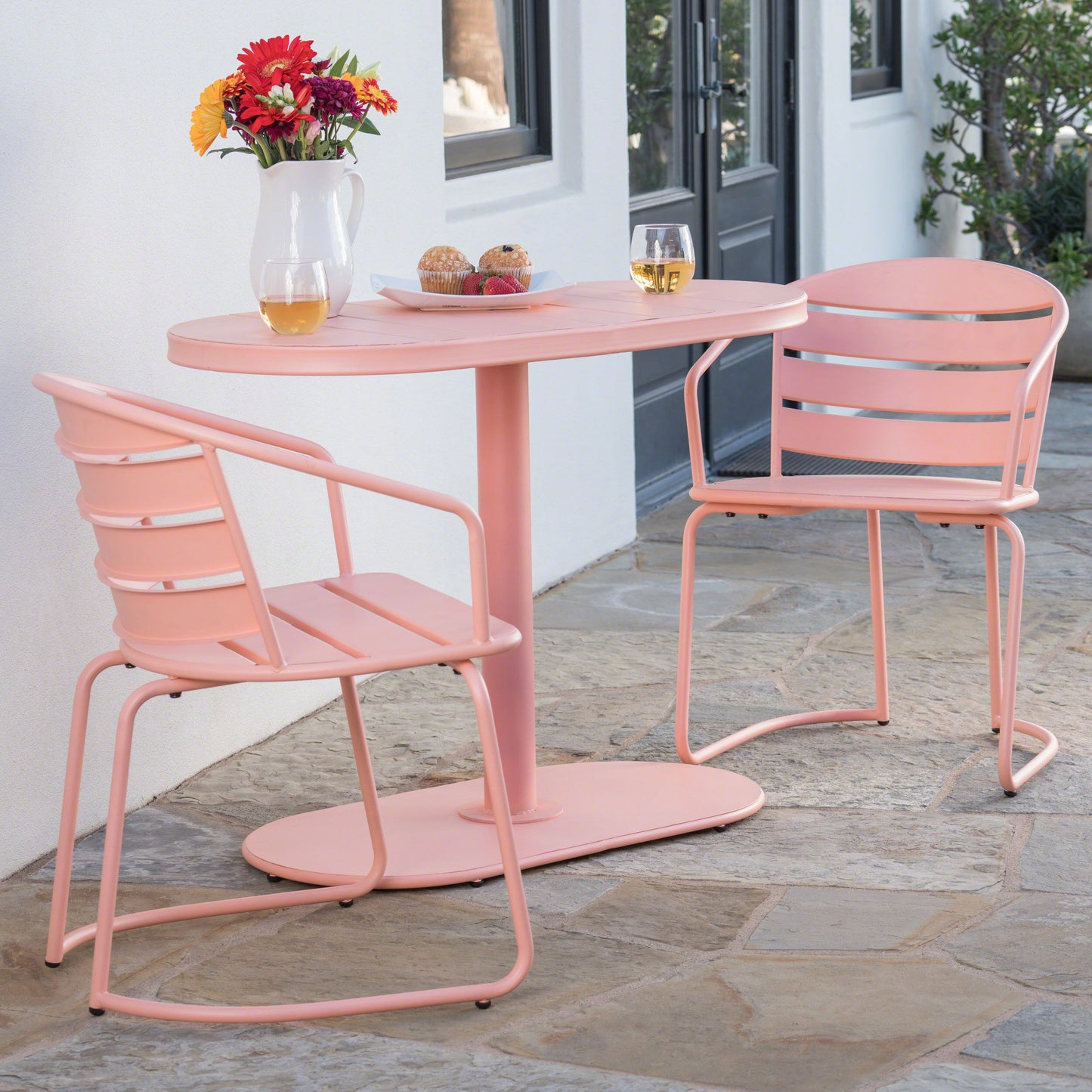 Outdoor Metal Seating Set With Coffee Table And 2 Chairs - Pink - Coral