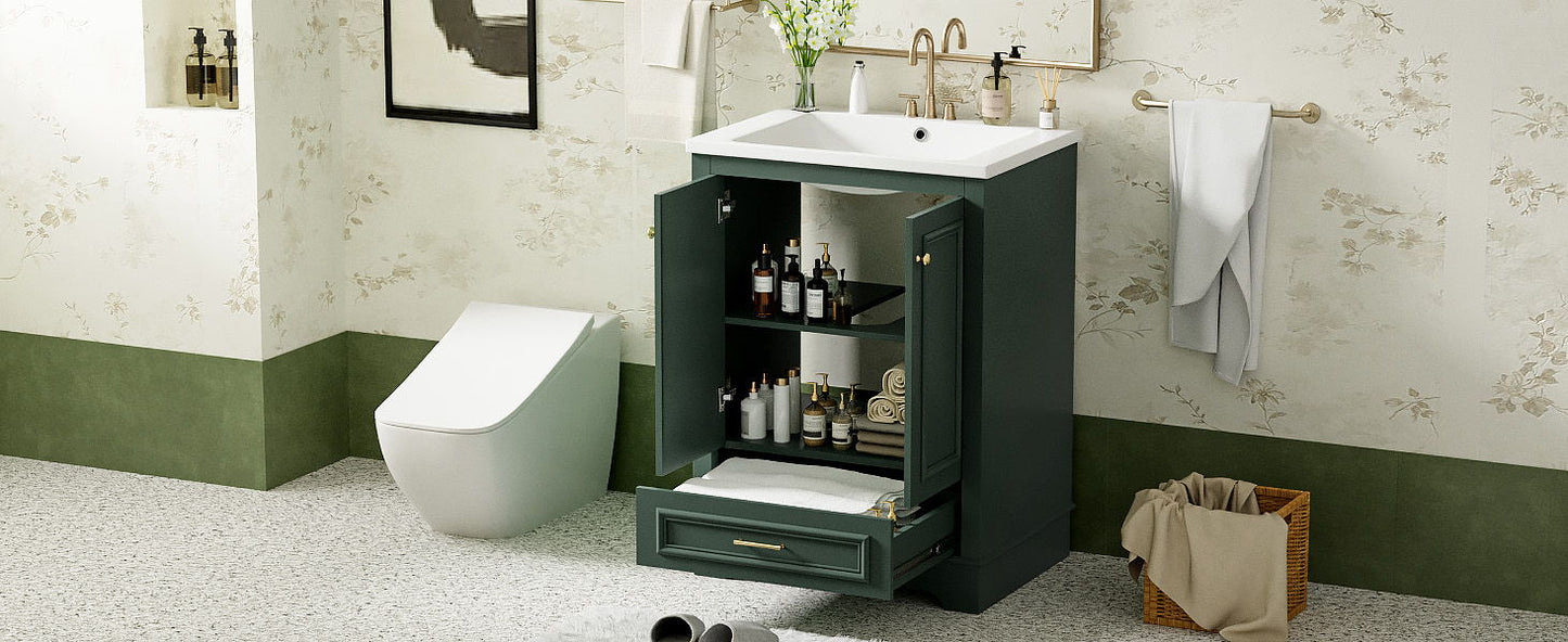 Bathroom Vanity With Ceramic Sink Combo, Modern Freestanding Storage Cabinet With Silver Handles, Soft Closing Doors - Green