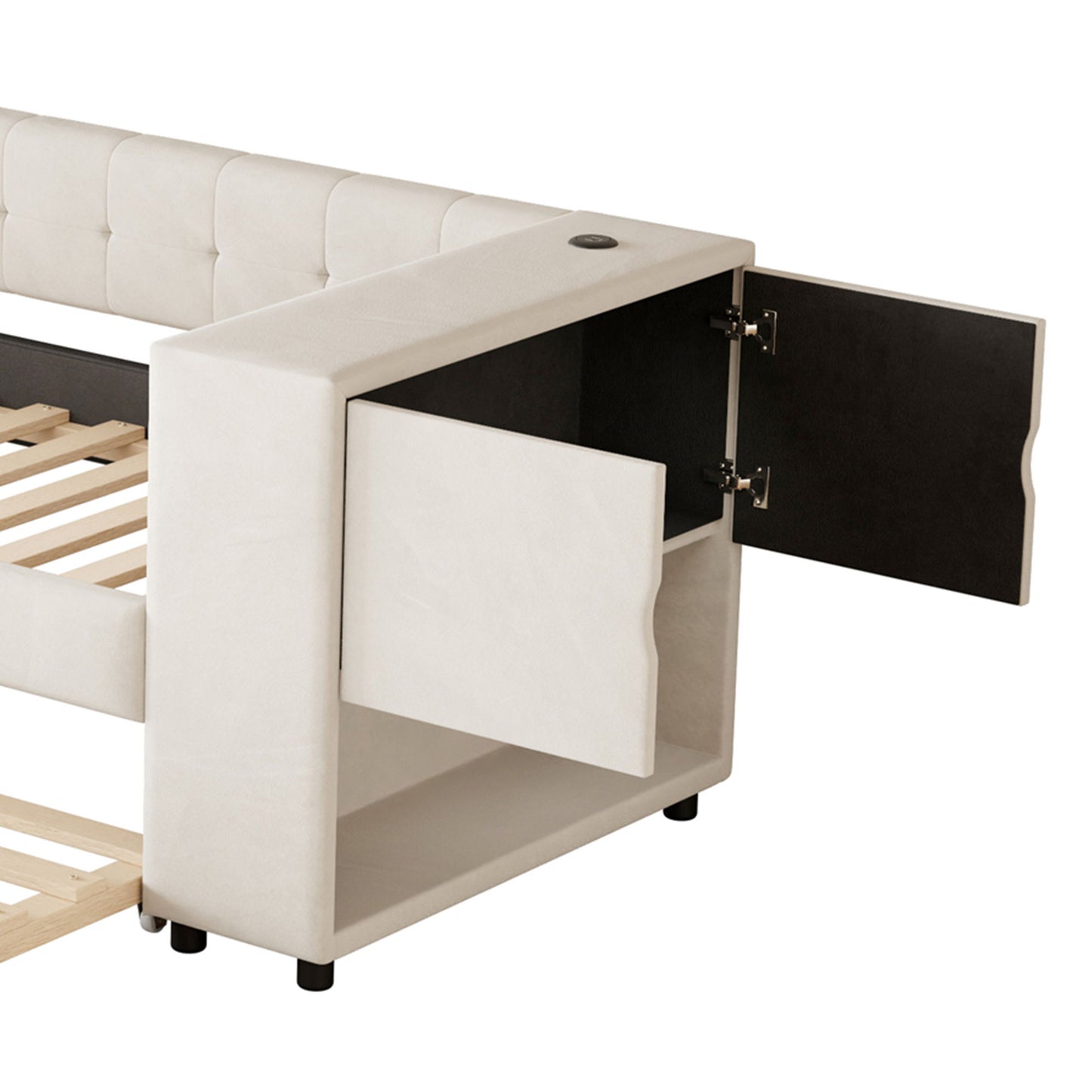 Twin Upholstered Bed With Storage And Twin Trundle, USB Charging Ports - Beige