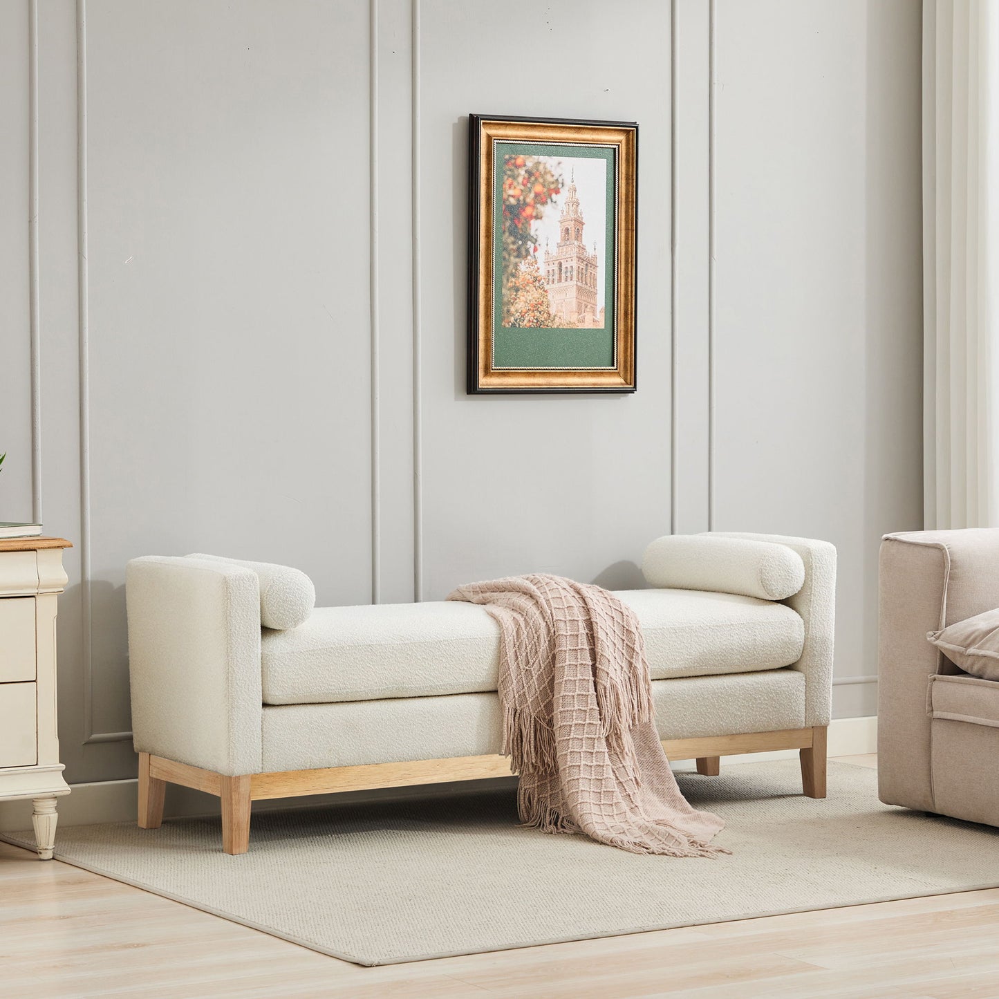 Elegant Upholstered Bench Daybed Ottoman With Nature Wood Legs & Bolster Pillows - Ivory Boucle