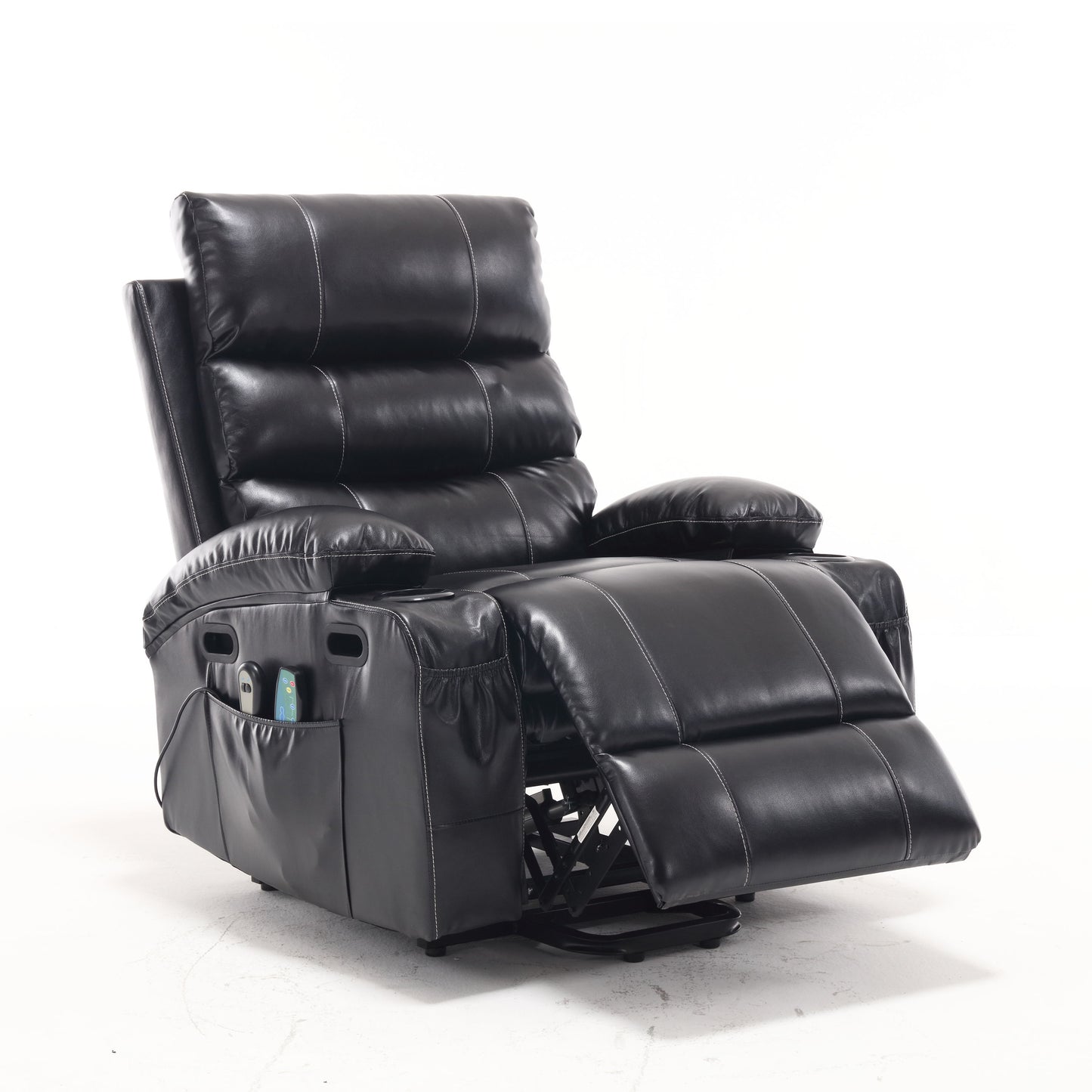 Large Size Electric Power Lift Recliner Chair Sofa, 8 Point Vibration Massage And Lumber Heat, Remote Control, Side Pockets And Cup Holders - Black