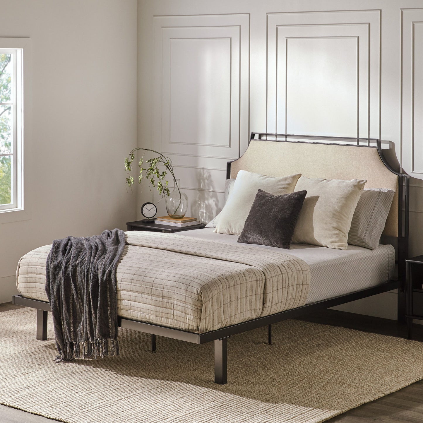 Queen Bed Frame Traditional Upholstered Metal - Tan