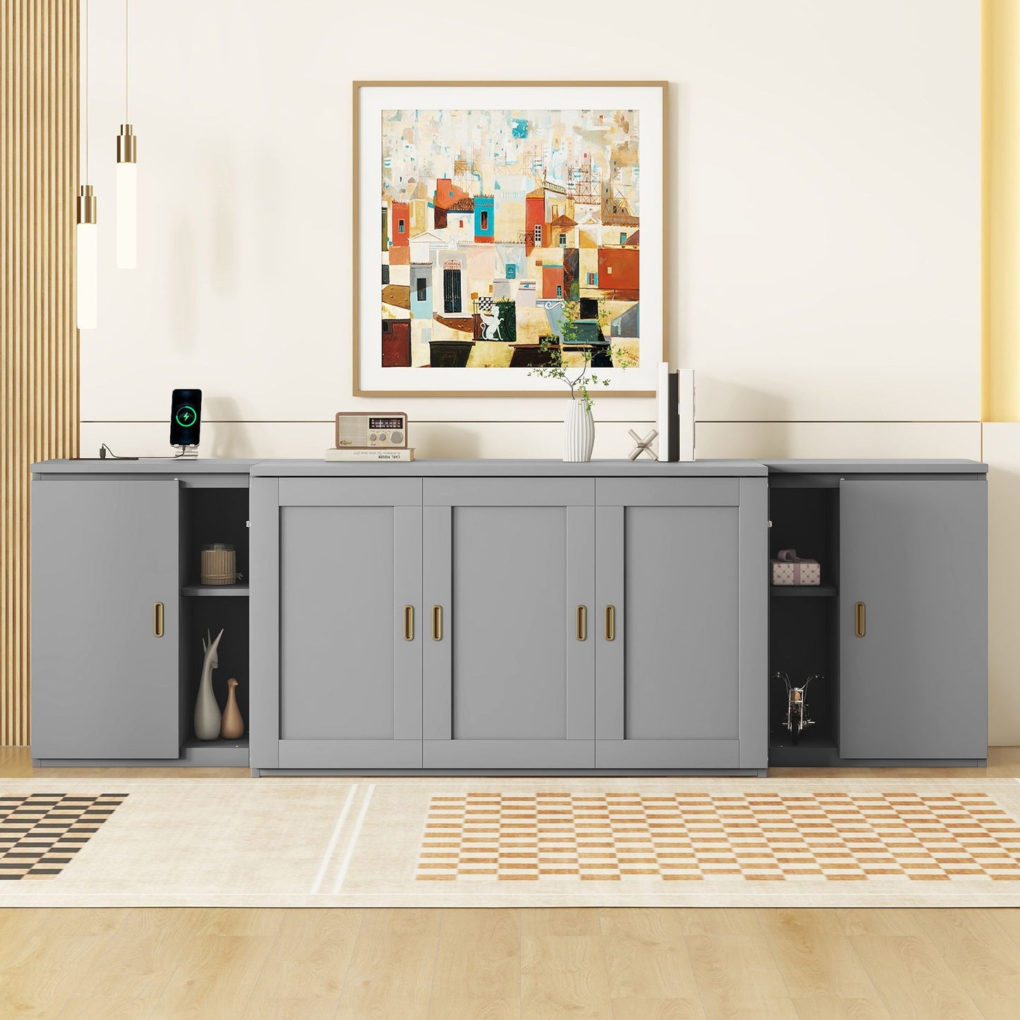 Full Size Murphy Bed With Shelves, Cabinets And USB Ports - Gray