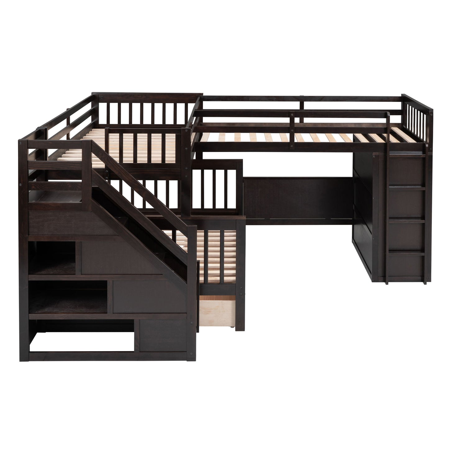 Twin Twin Over Full L Shaped Bunk Bed With 3 Drawers, Portable Desk And Wardrobe - Espresso