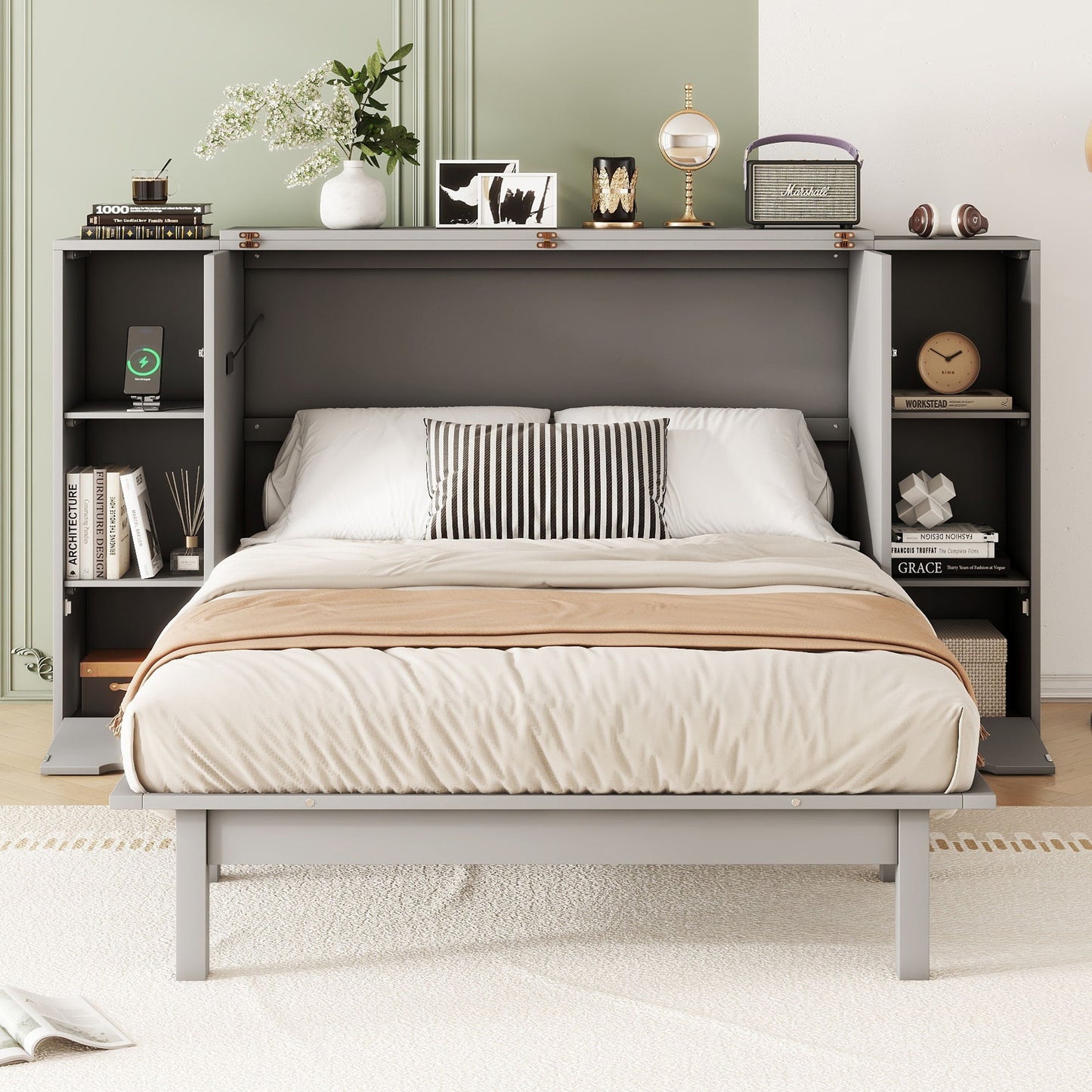 Full Size Murphy Bed With Shelves, Drawers And USB Ports - Gray