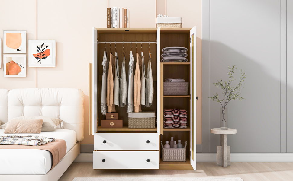 3 Doors Rattan Wardrobe Storage For Bedroom, With 2 Drawers - White / Nature
