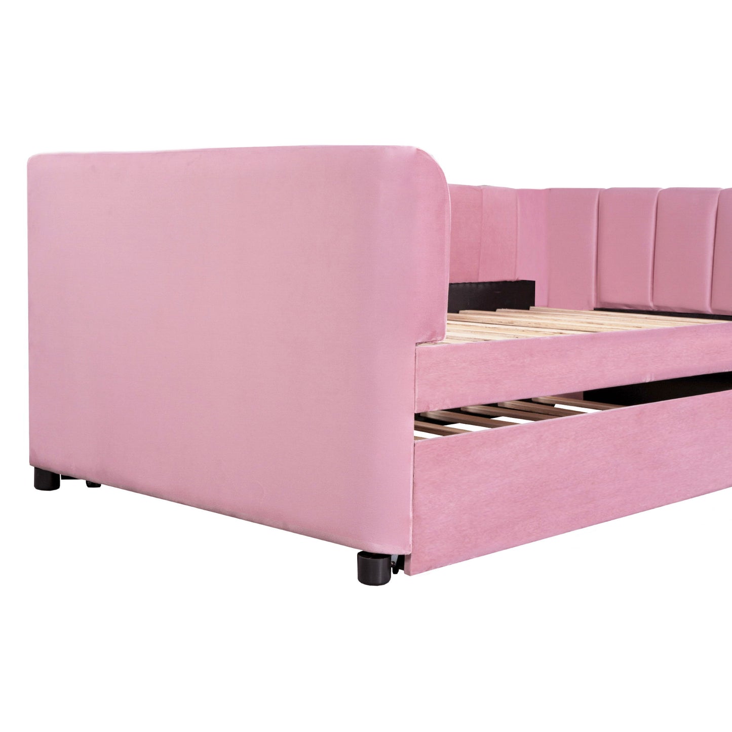 Twin Size Upholstered Daybed With Ergonomic Design Backrest And Trundle - Pink