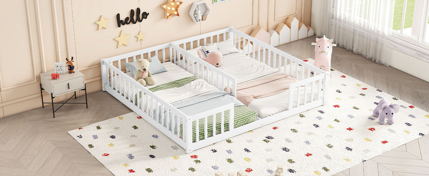 Double Twin Floor Bed With Fence, Guardrails, Without Door - White