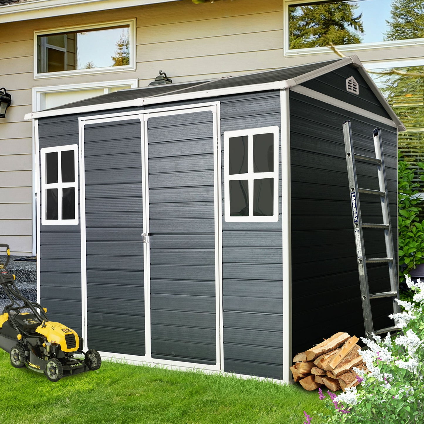 Resin Outdoor Storage Shed With Two-Window And Floor - Black