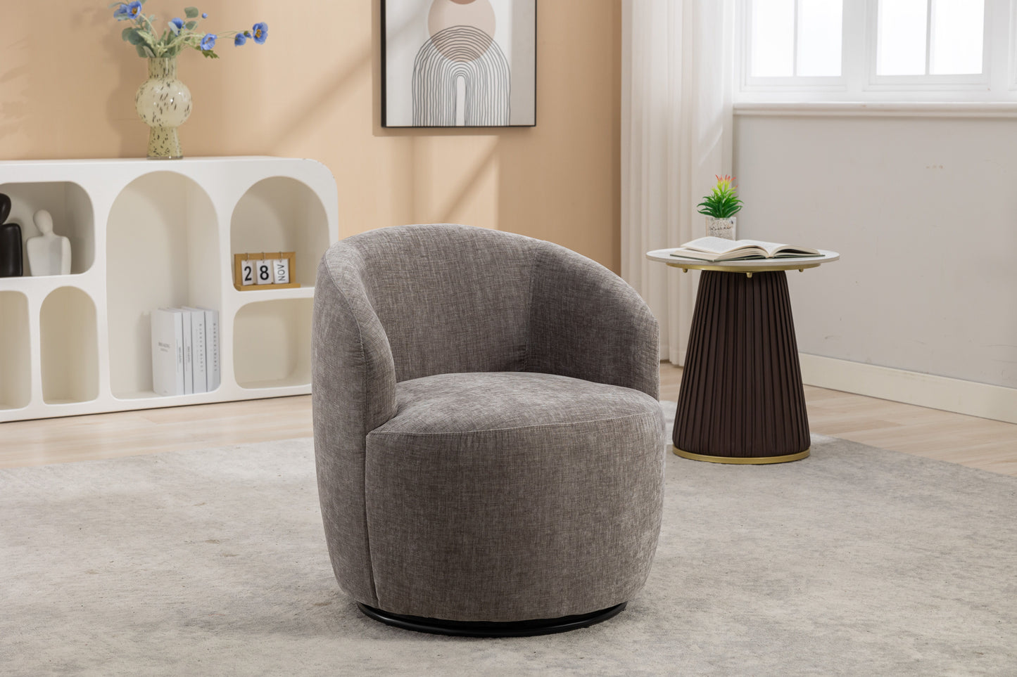 Chenille Fabric Swivel Accent Armchair Barrel Chair With Black Powder Coating Metal Ring - Gray