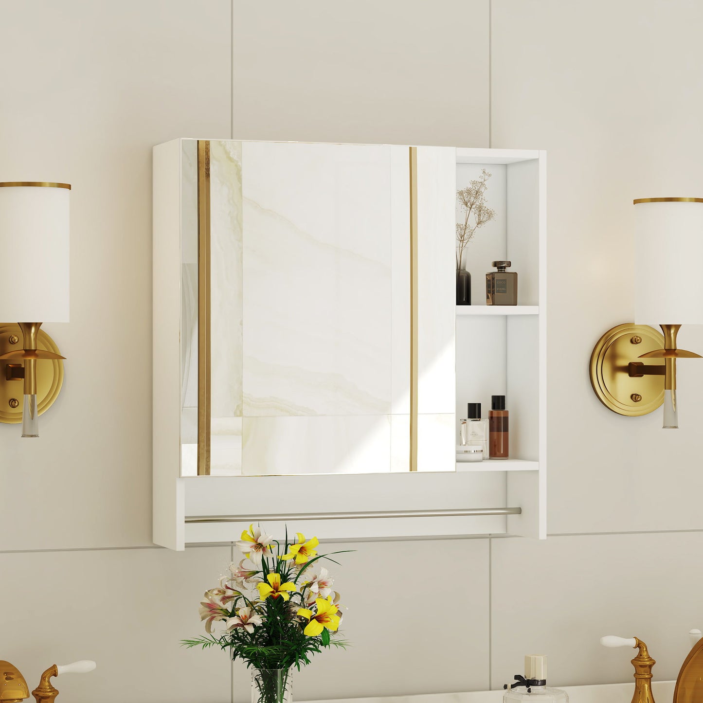 Wall Mounted Bathroom Storage Cabinet With Mirror Door, Medicine Cabinet, Over The Toilet Storage Cabinet With Shelves And Towel Rack - White
