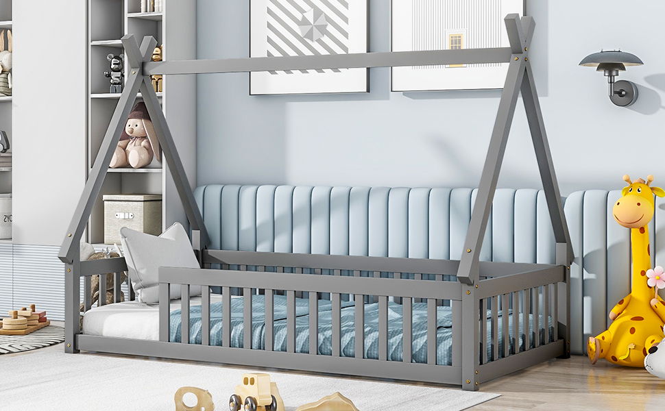 Twin Tent-Shaped Floor Bed, Teepee Bed With Guardrails, Slats - Gray