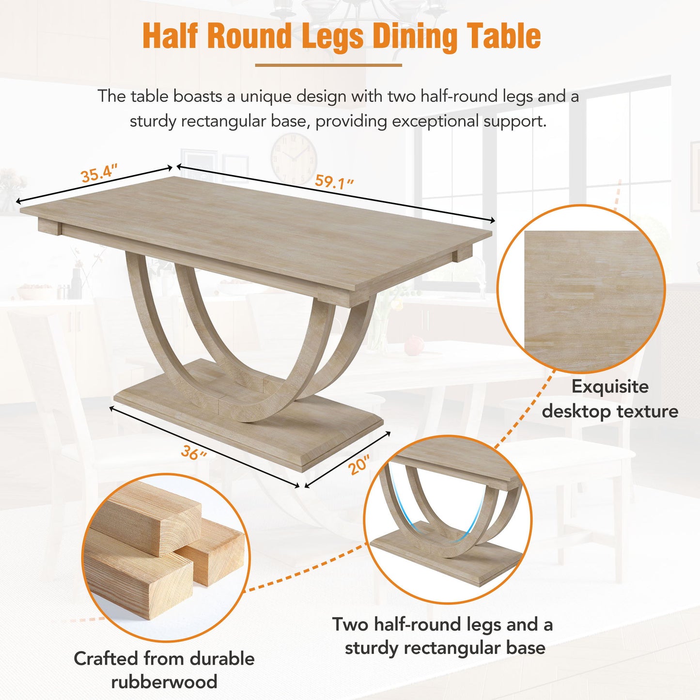 Topmax - 6 Piece Wood Half Round Dining Table Set Kitchen Table Set With Long Bench And 4 Dining Chairs, Modern Style - Natural