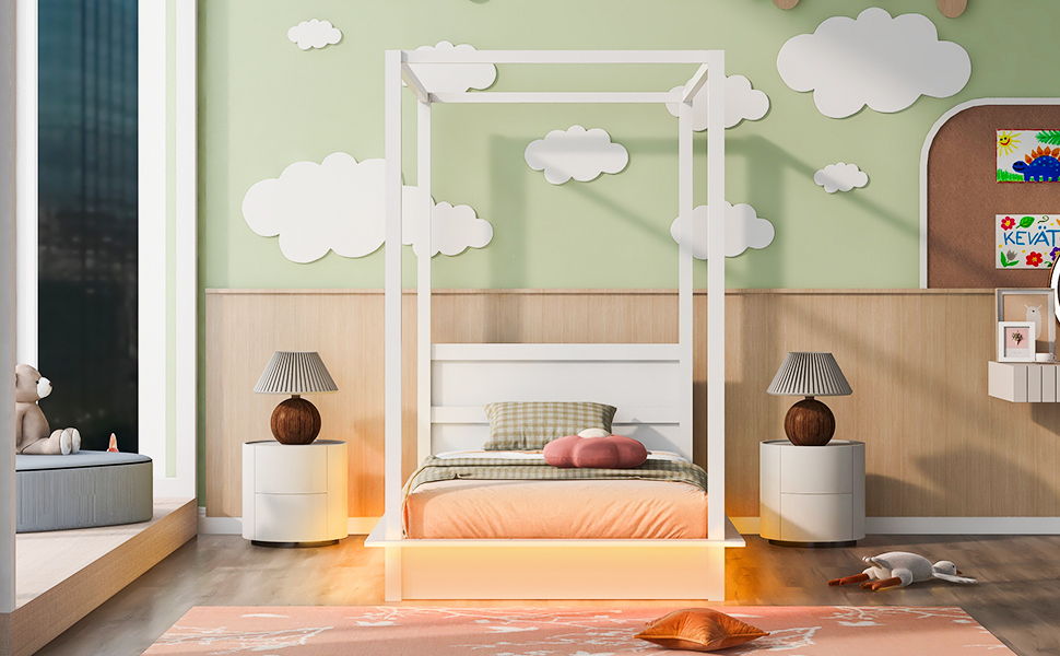 Twin Size LED Canopy Bed, Canopy Platform Bed With Support Slats, No Box Spring Needed - White