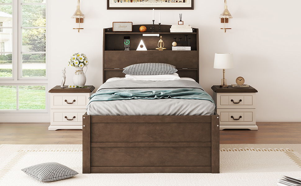 Twin Size LED Platform Bed With Trundle With Storage Headboard With Drawers - Brown