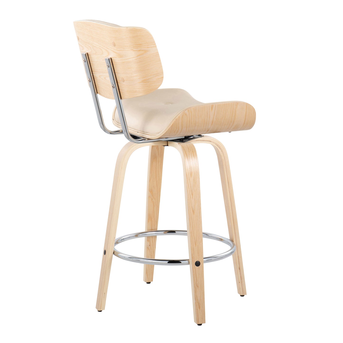 Lombardi - Mid-Century Modern Fixed Height Counter Stool With Swivel With Round Footrest (Set of 2) - Natural / Cream