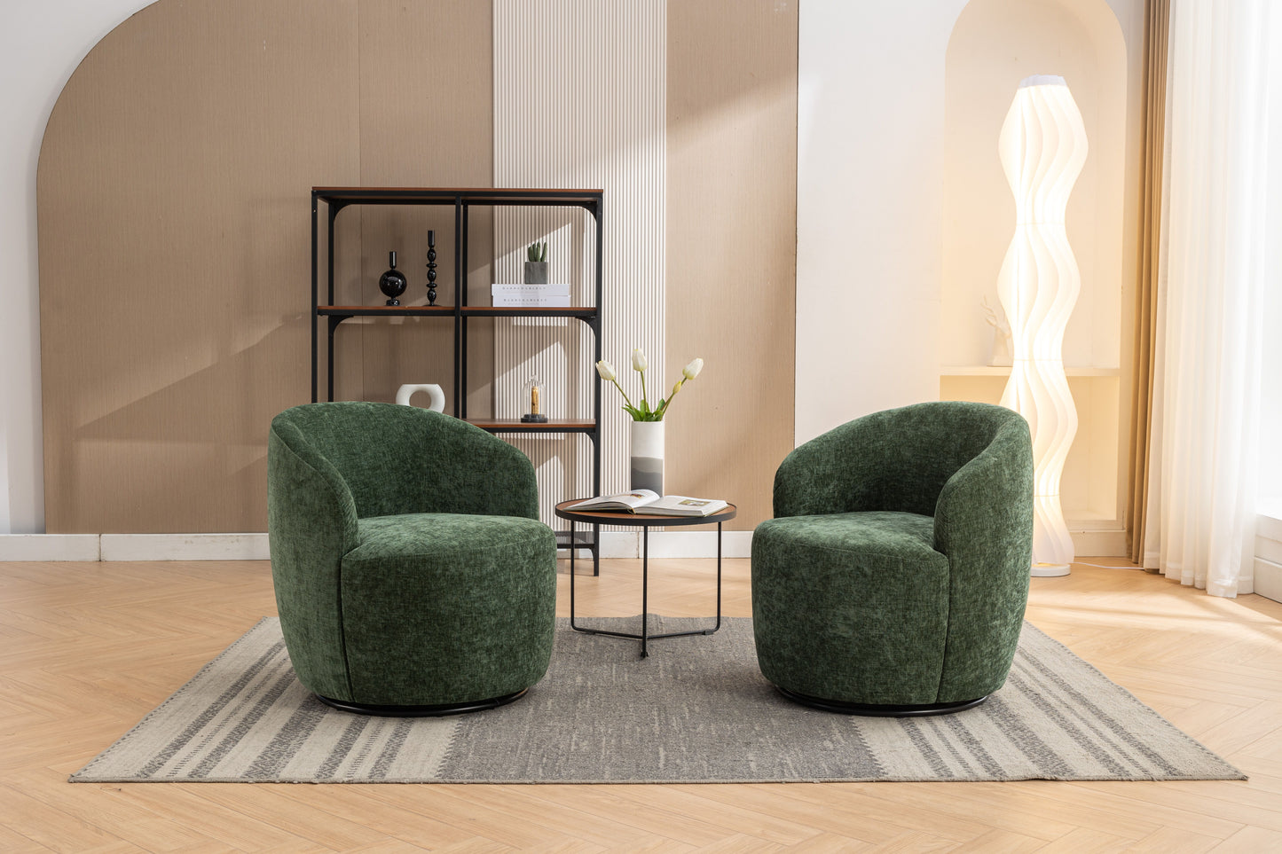 Chenille Fabric Swivel Accent Armchair Barrel Chair With Black Powder Coating Metal Ring - Green