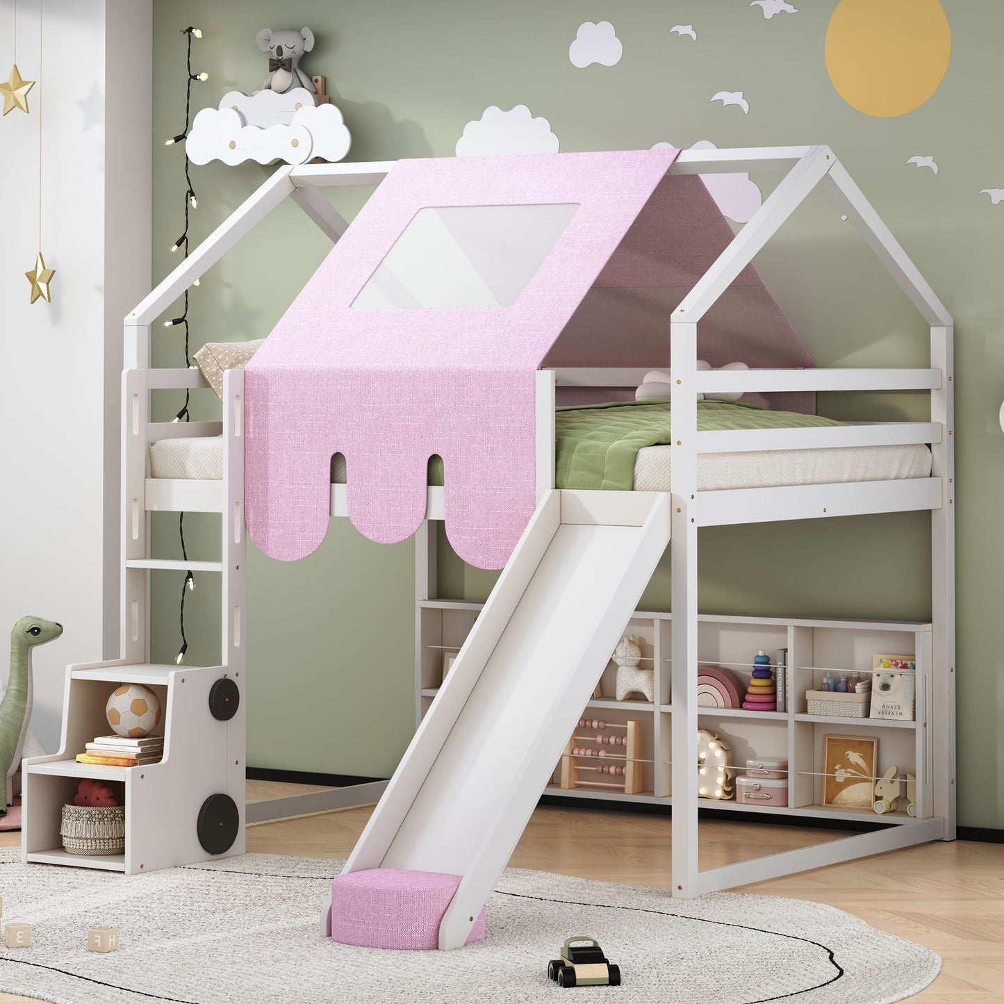 Full Size Loft Bed With House Shaped Frame And Tent - White / Pink