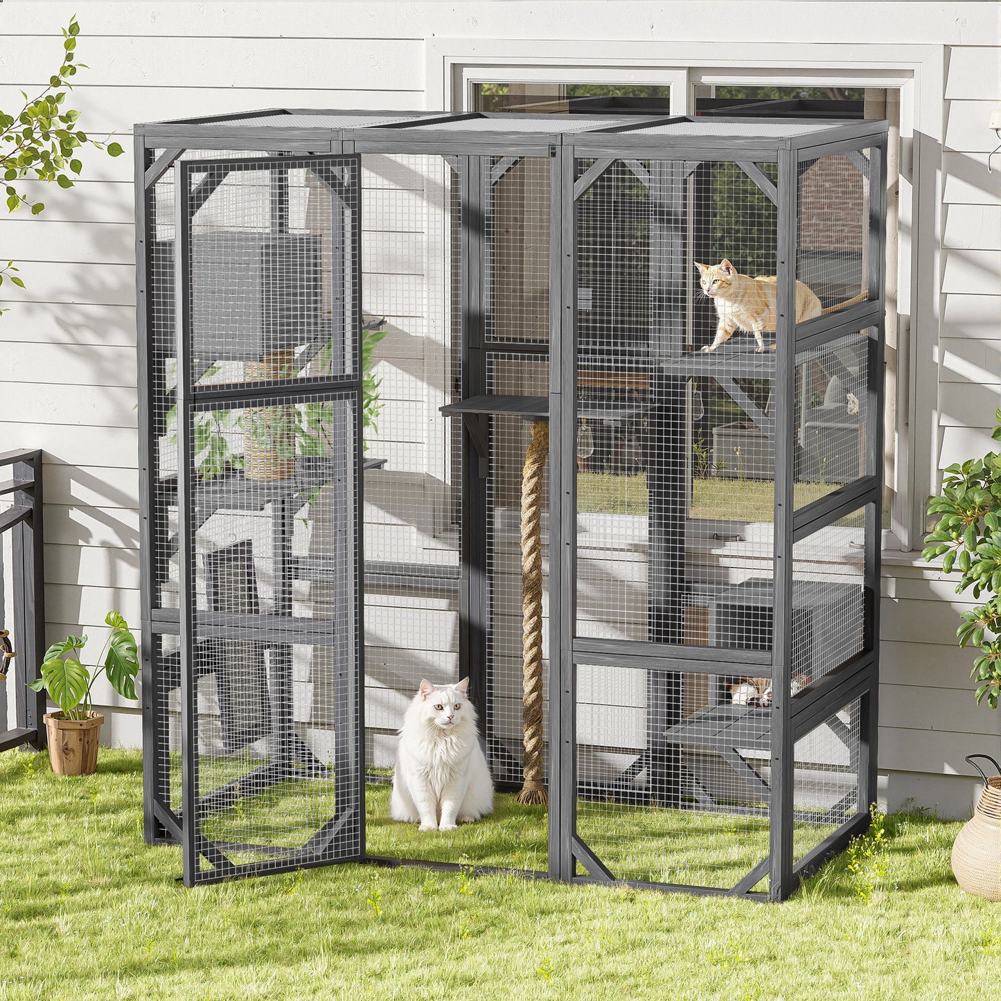 Outdoor Diy Cat House Catio With Double Enter Doors, Platforms, And Condos - Dark Gray