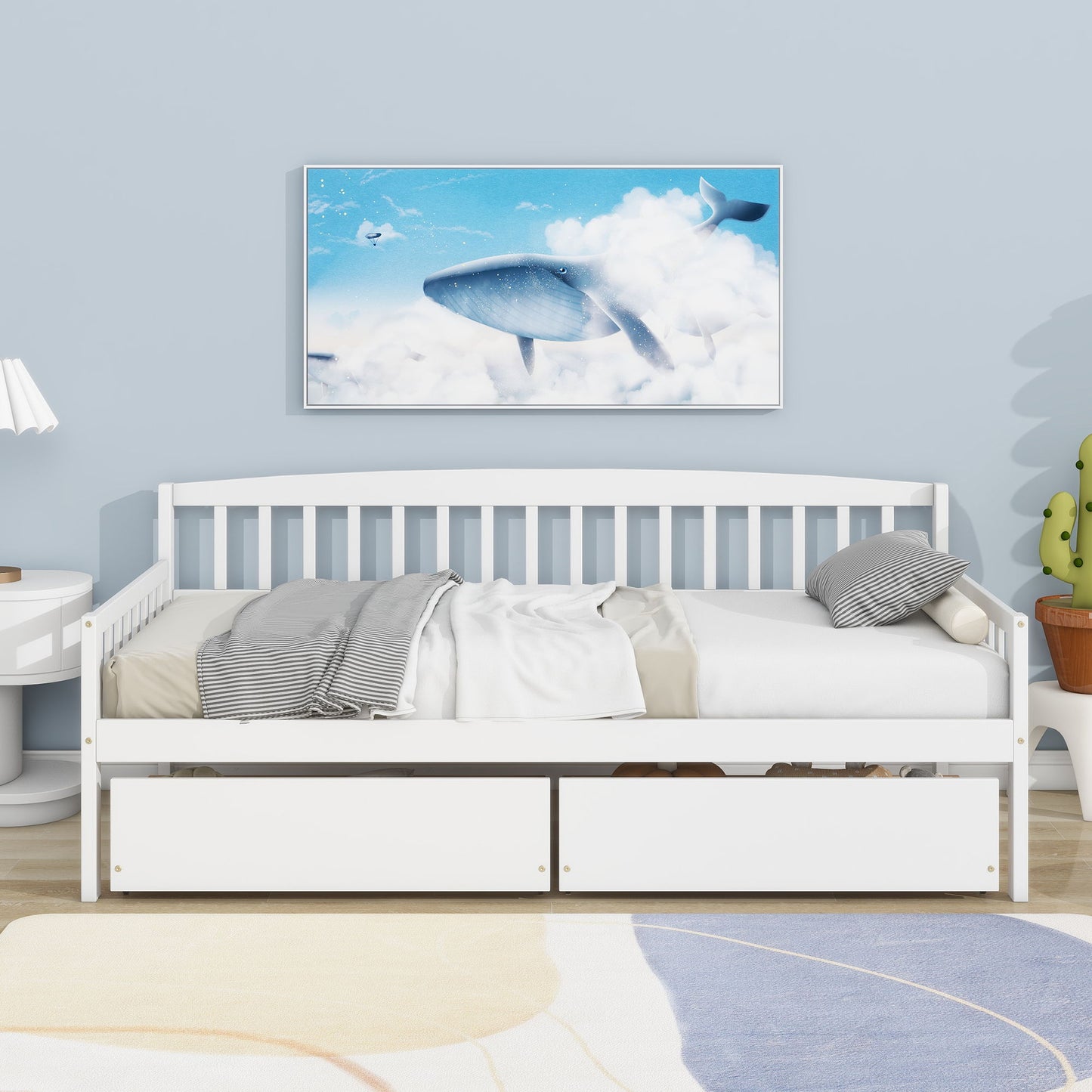 Twin Size Pine Wood Daybed With Two Storage Drawers, Sofa Bed With Bed Platform Of 10 Support Slats - White