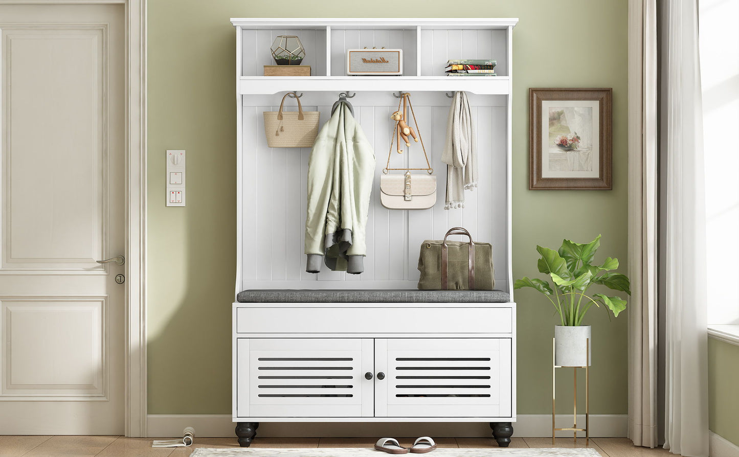 5 In 1 Entryway Bench With Shutter - Shaped Doors, Coat Rack, Cushion And 4 Sturdy Hooks, Wide Hall Tree With Storage Bench For Hallway, Entryway, Living Room - White