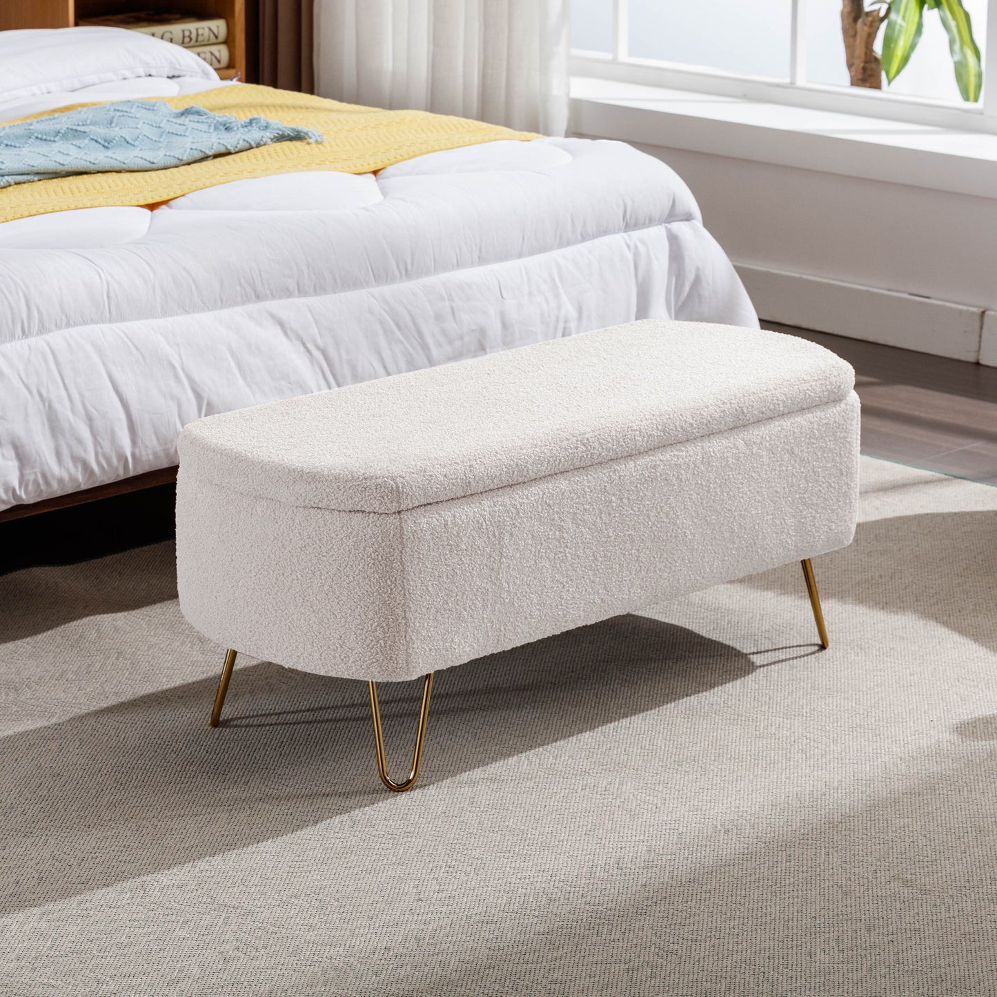 Storage Ottoman Bench For End Of Bed Gold Legs, Modern Ivory White Faux Fur Entryway Bench Upholstered Padded With Storage For Living Room Bedroom - Ivory