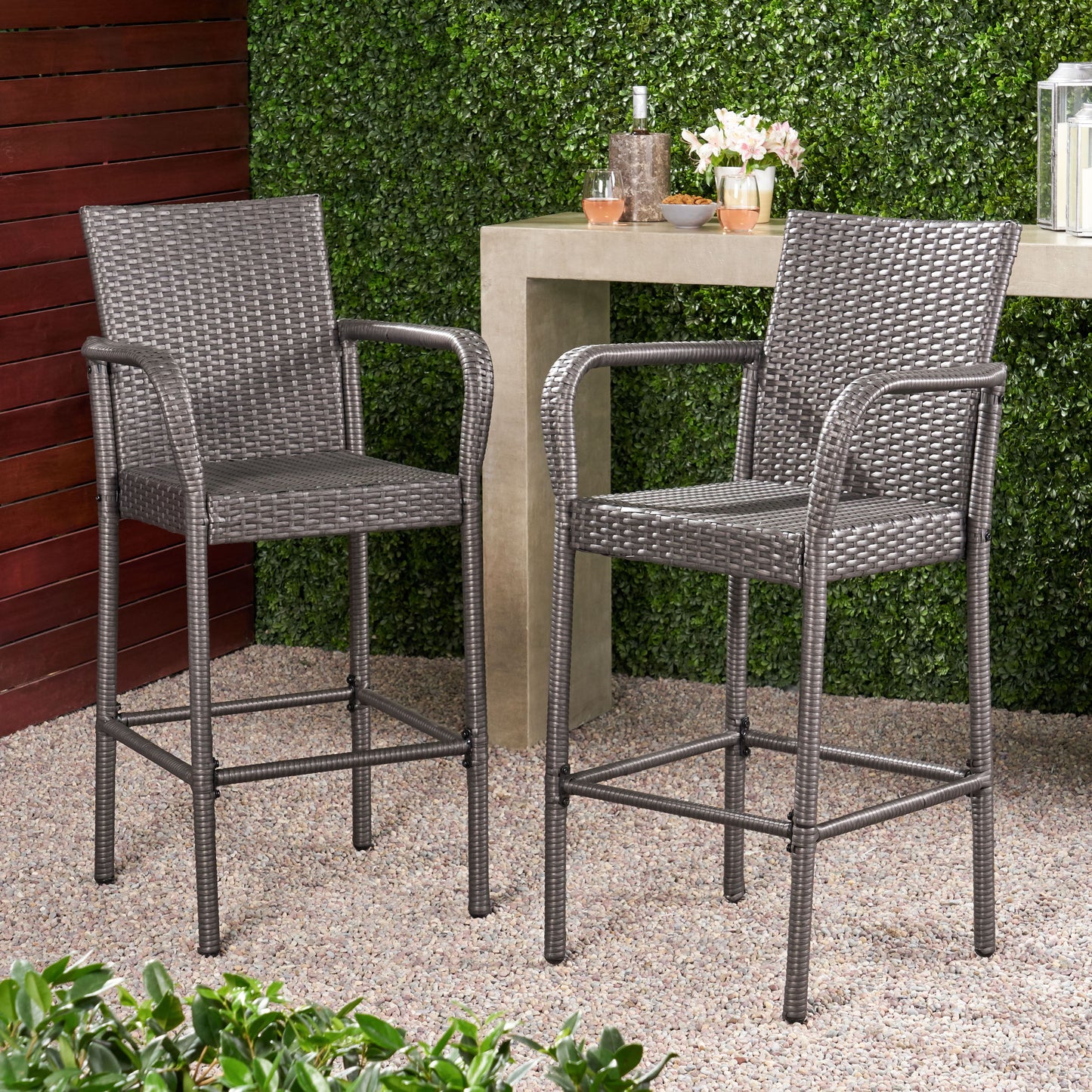 Outdoor Wicker Barstools Faux Rattan Iron Frame (Set of 2) - Gray