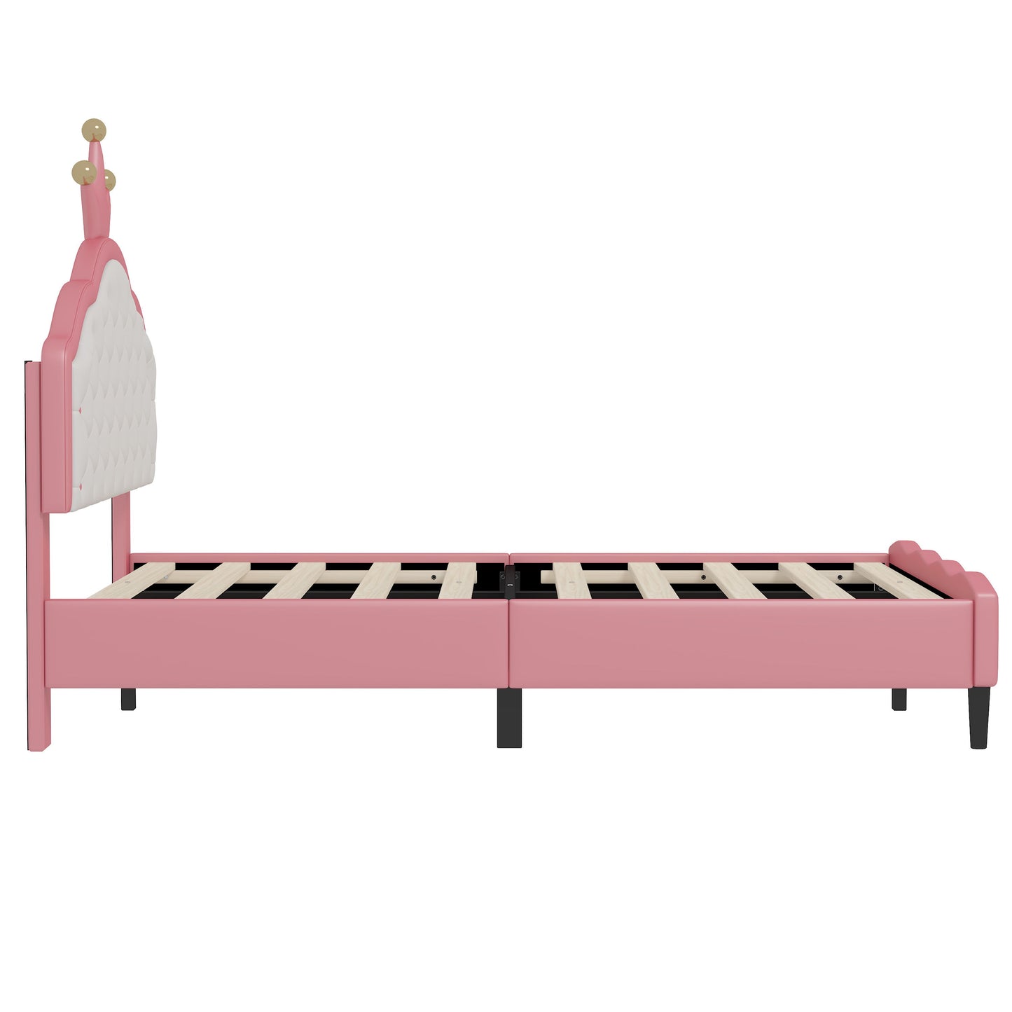 Full Size Lovely Crown Fantasy Leather Princess Bed With Tufted Headboard - Pink / Cream